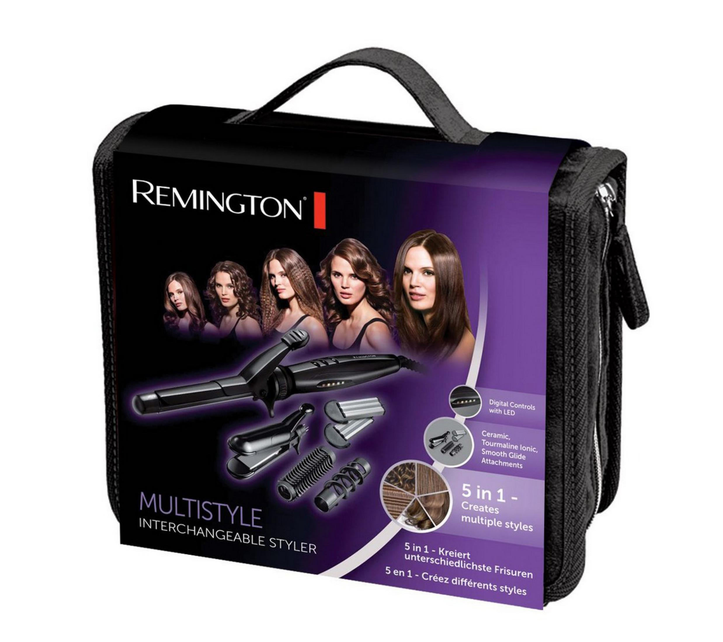 Siyah bir çantada, çeşitli ataşmanlara sahip siyah bir Remington Multistyle saç şekillendirme kiti.