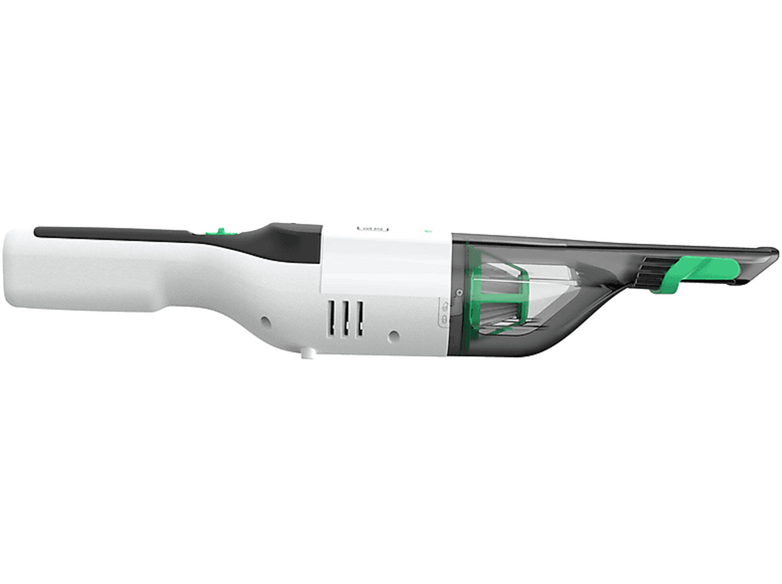 Un aspirateur à main blanc et noir avec un bouton d'alimentation vert et un conteneur à poussière.