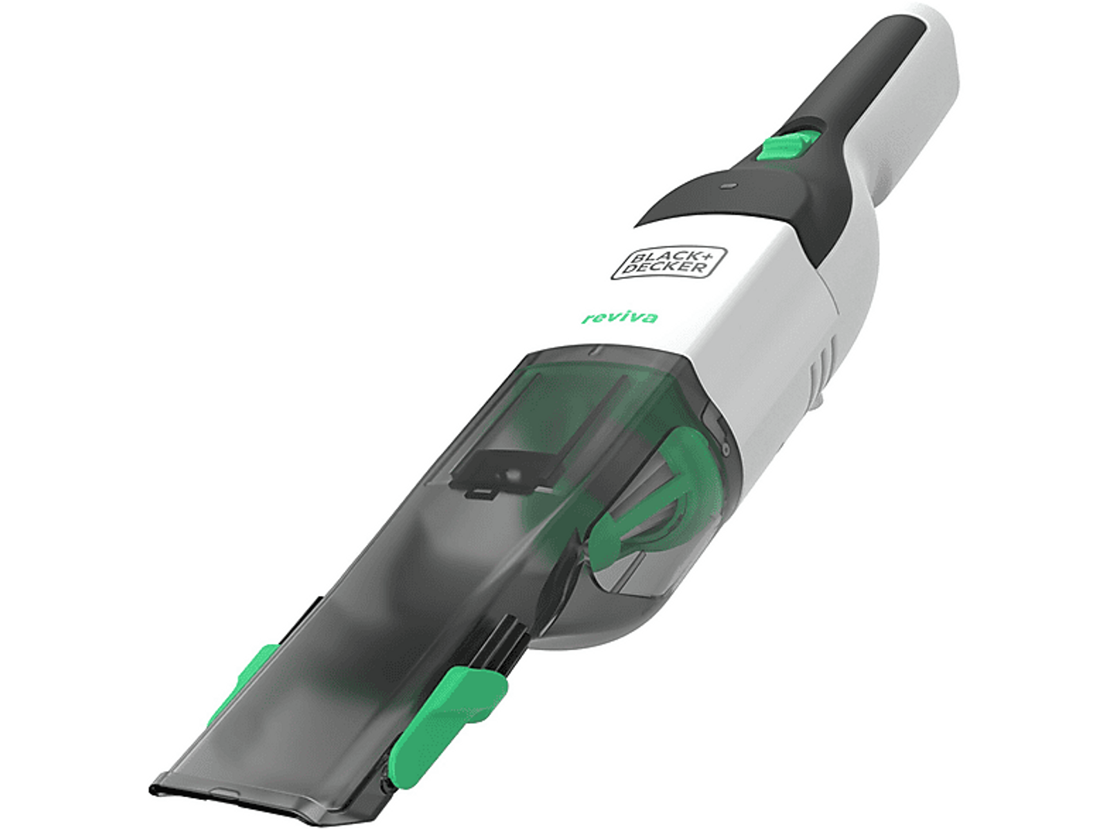 Un aspirateur à main, principalement blanc et vert, avec le nom de la marque visible.