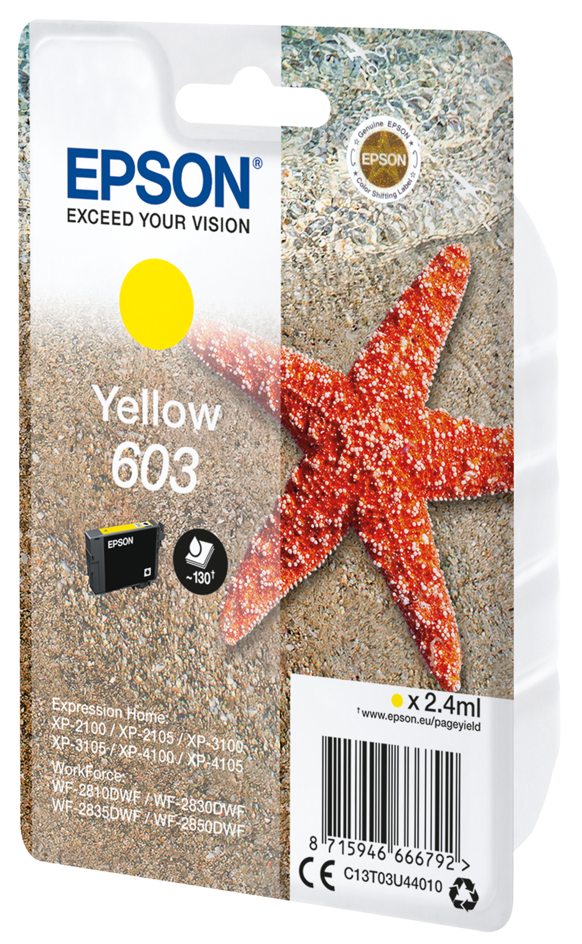 Żółty wkład atramentowy Epson w opakowaniu, z grafiką rozgwiazdy. Tło plaży.