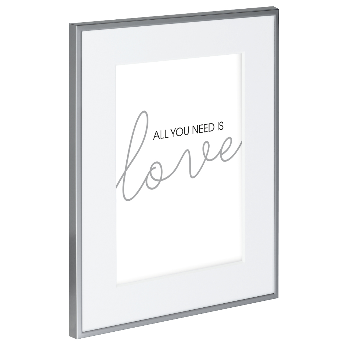 Gerahmtes Kunstwerk mit 'All you need is love' in Schreibschrift auf weißem Hintergrund.