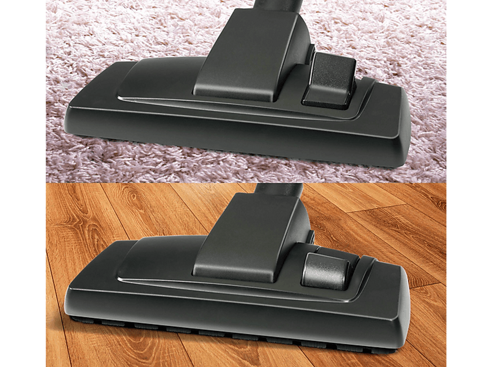 Testine per aspirapolvere su moquette e legno duro. Le testine sono nere.
