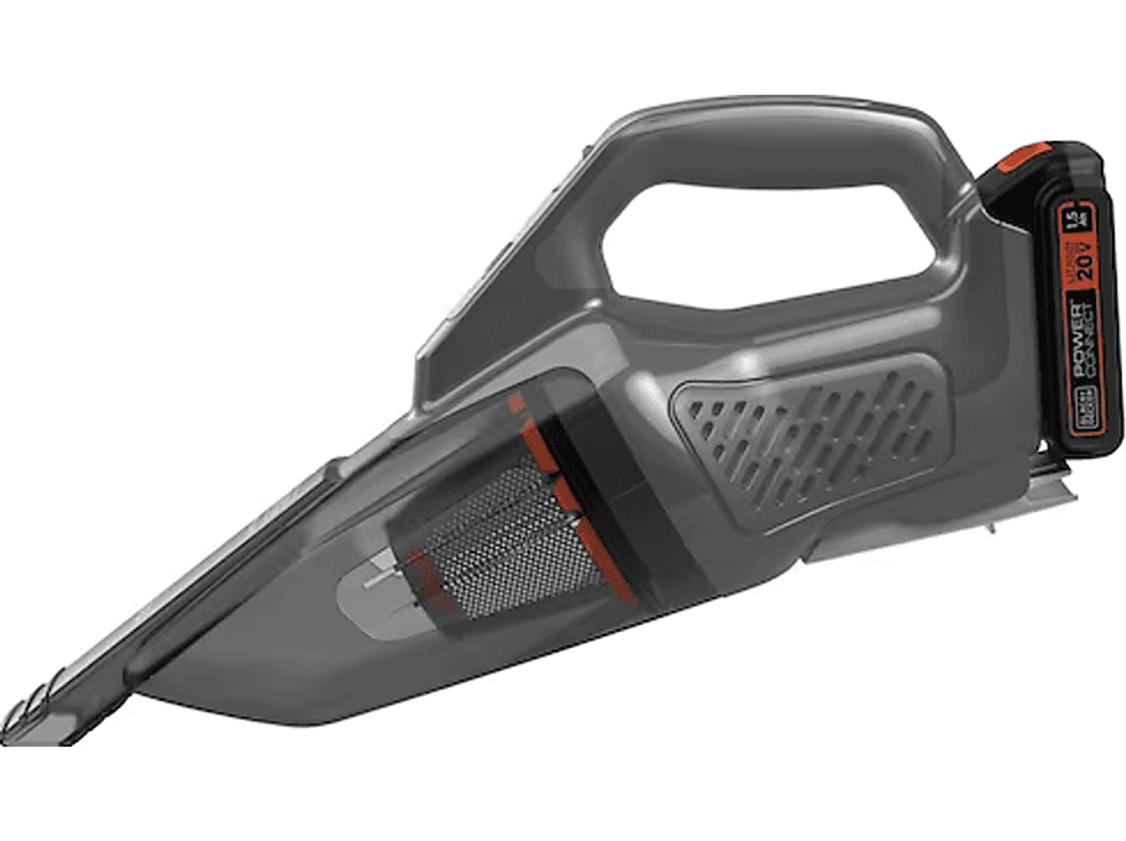 Schwarz-grauer Handstaubsauger mit einem 20-V-Akku.