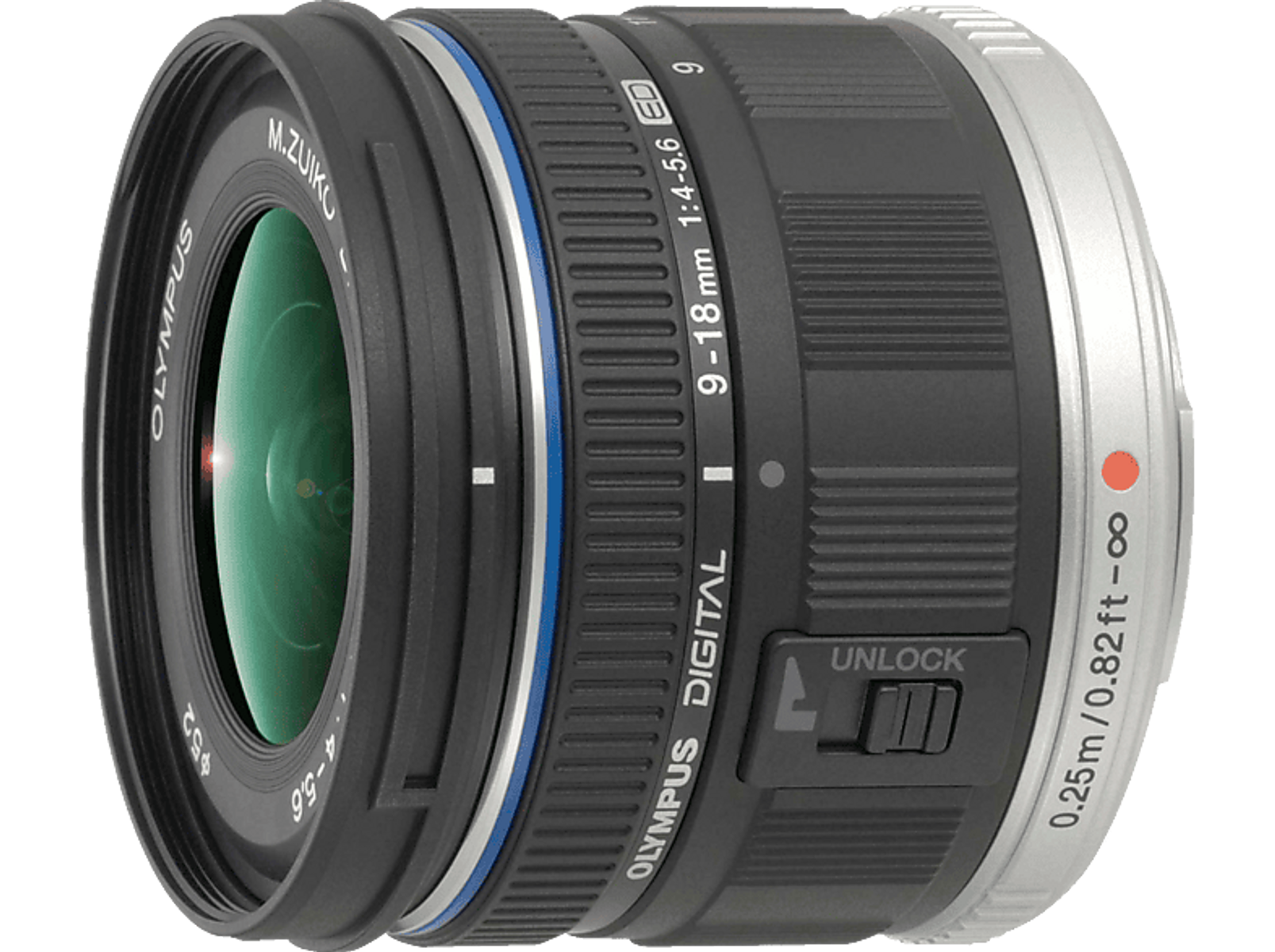 Czarny i srebrny obiektyw. Ma szkło, a nazwa marki jest widoczna.