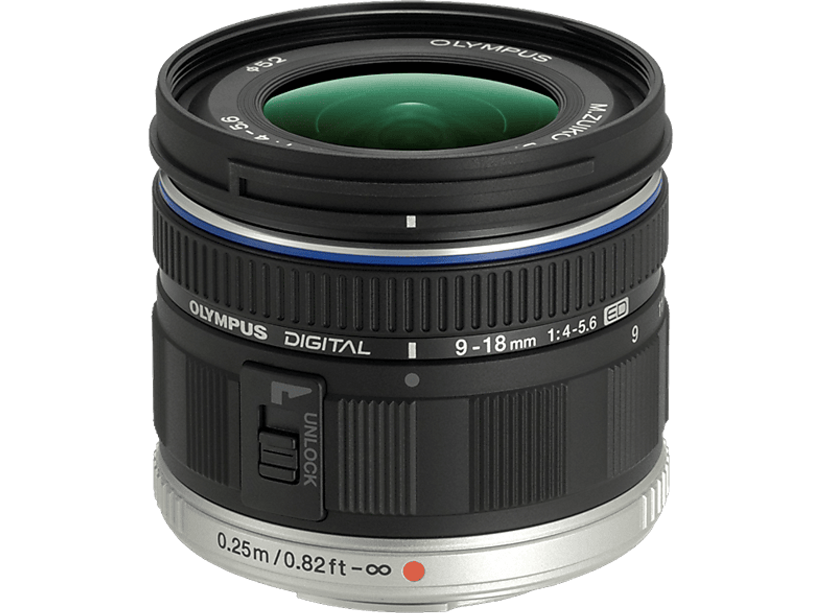 Czarny obiektyw cyfrowy Olympus z niebieskimi i srebrnymi akcentami. Obiektyw jest ustawiony pod kątem.