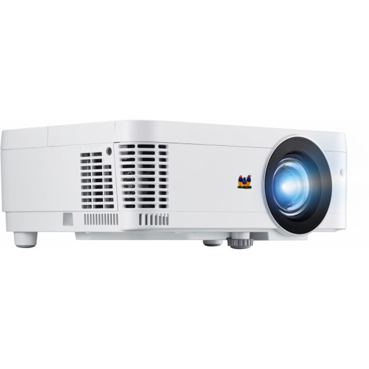 Weißer Projektor mit einem Objektiv rechts. Das Logo befindet sich in der Mitte. Der Hintergrund ist weiß.