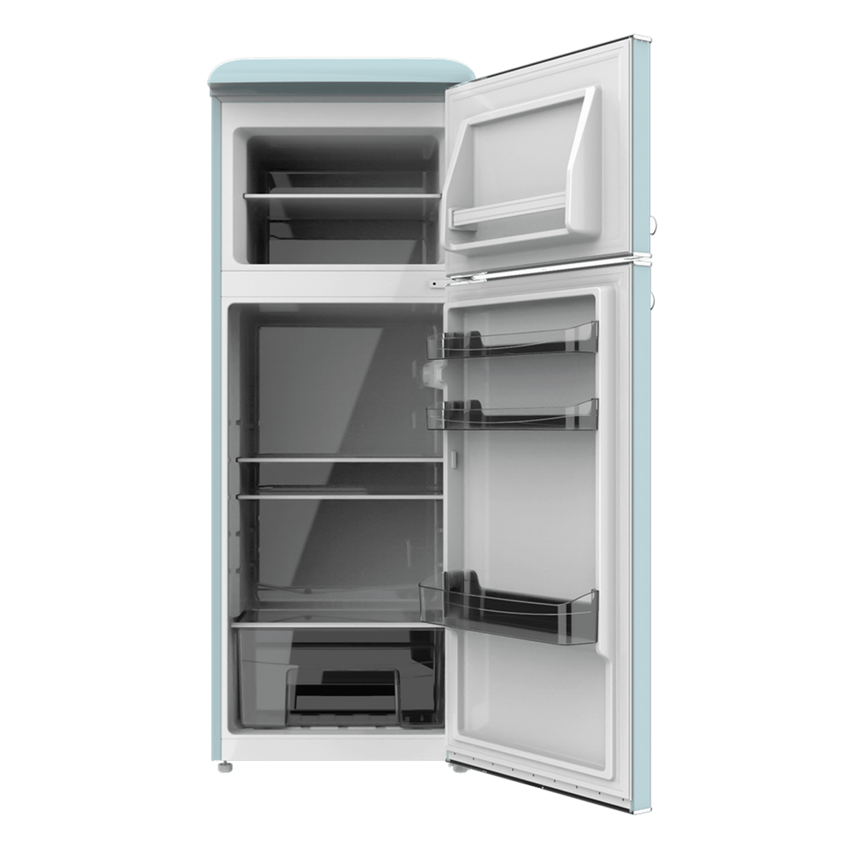 Refrigerador celeste con puertas abiertas, mostrando estantes y compartimentos interiores.