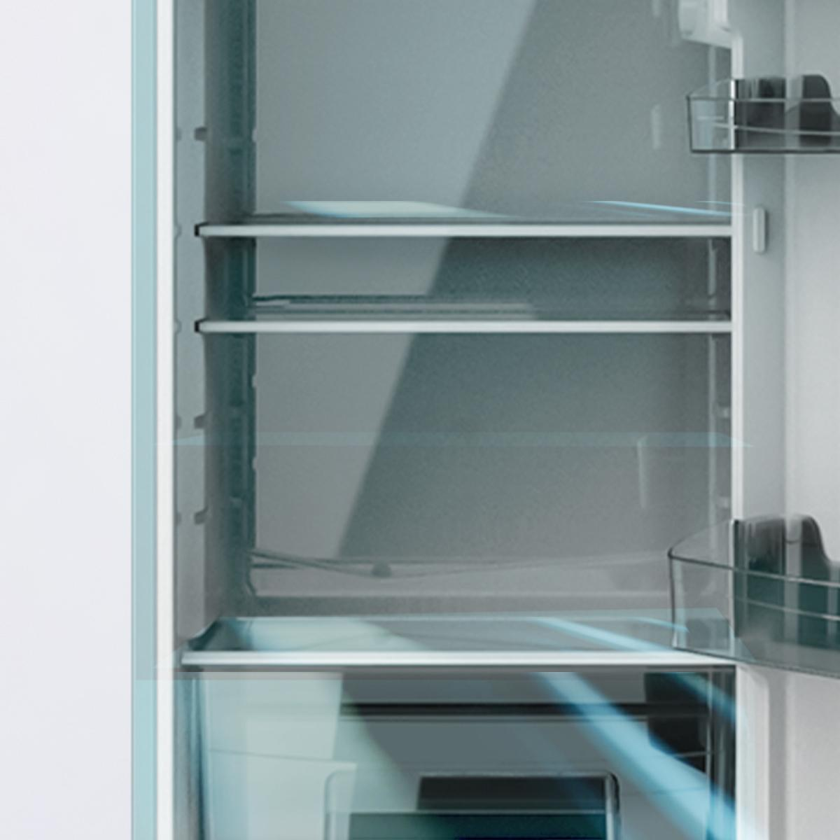 Interior de refrigerador, estantes. Azul claro y blanco, vacío y limpio.