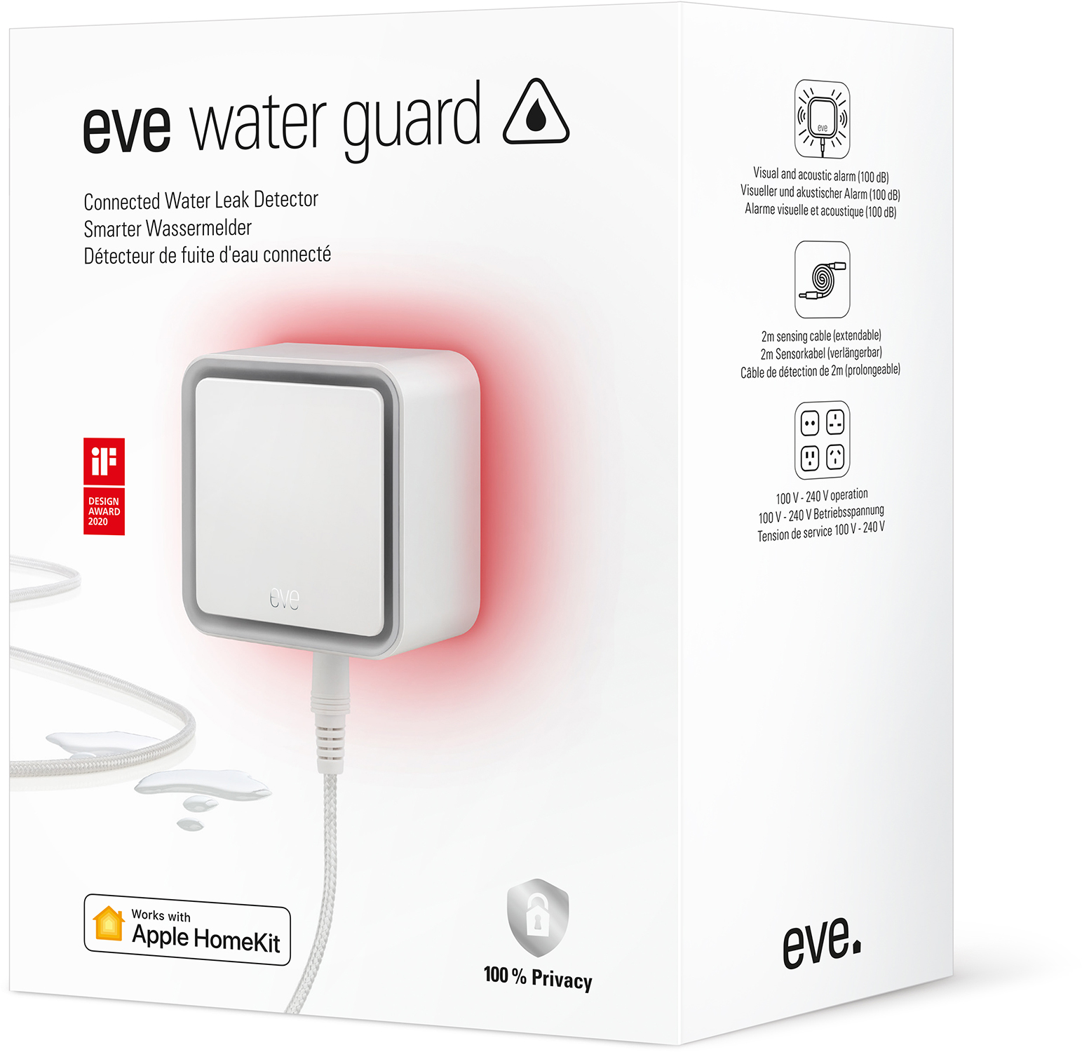Detector de fugas de agua blanco con caja y luz roja.