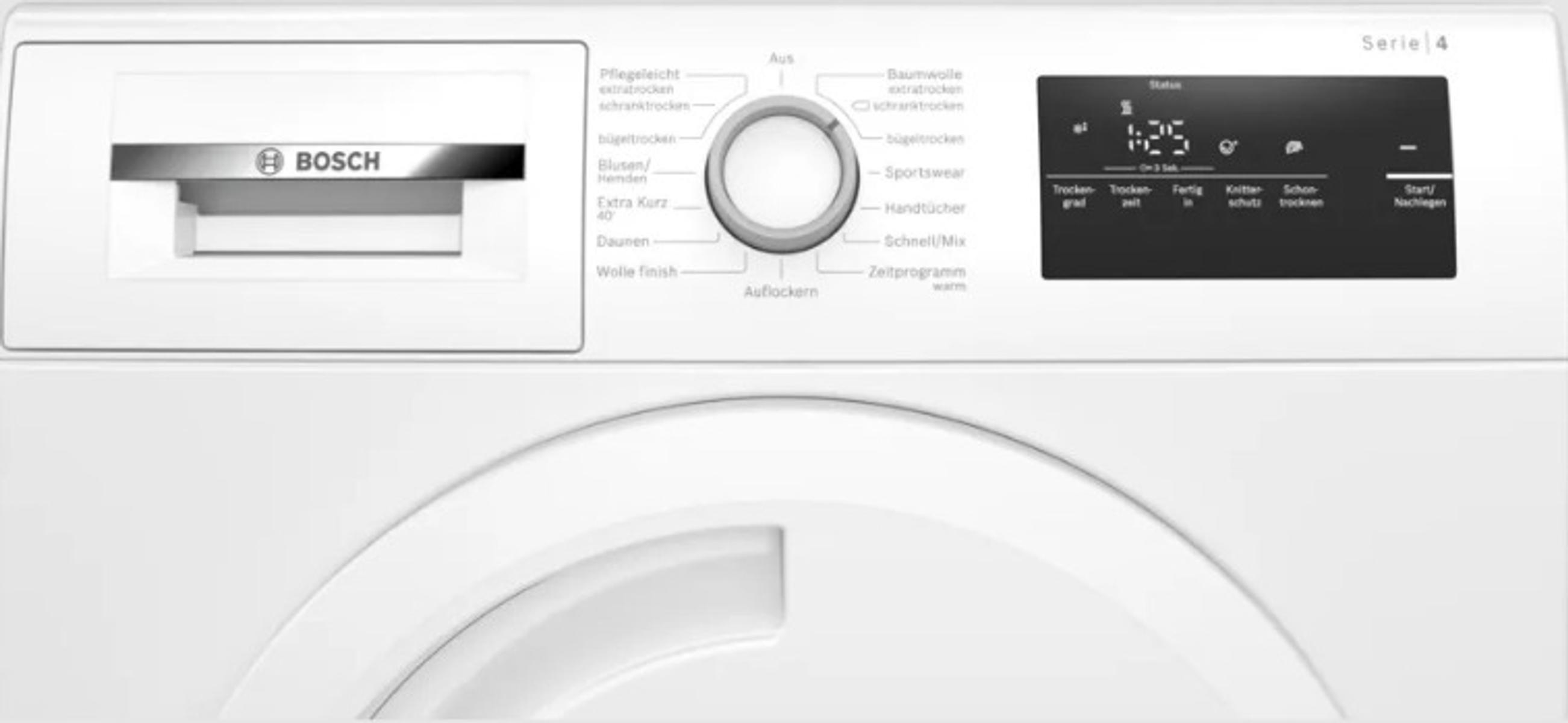 Panneau de machine à laver blanc avec boutons et un écran.