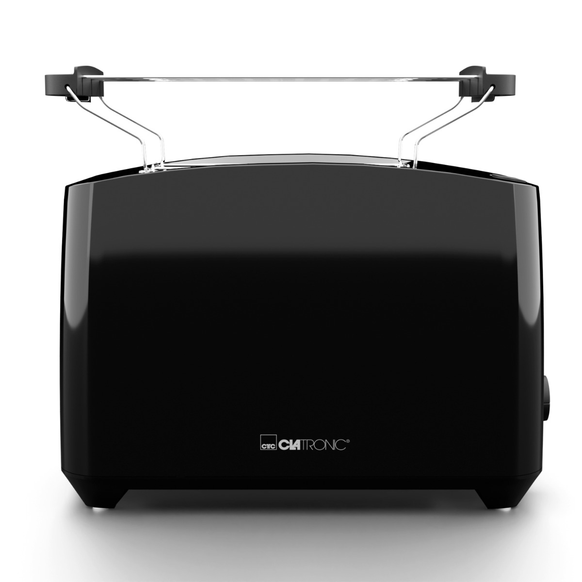 Czarny toster z przodu. Pokazuje szczeliny i panel sterowania.