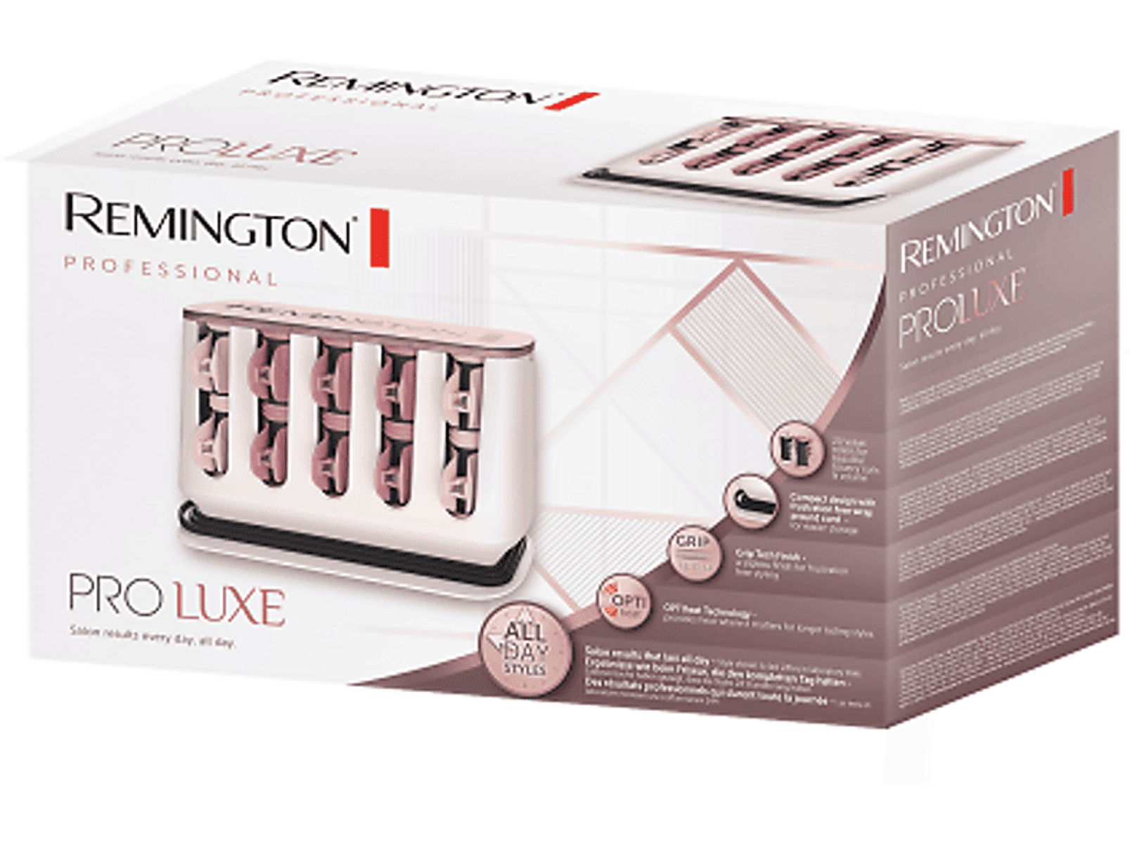 Lokówki Remington Pro Luxe w pudełku. Pudełko pokazuje lokówki i funkcje.