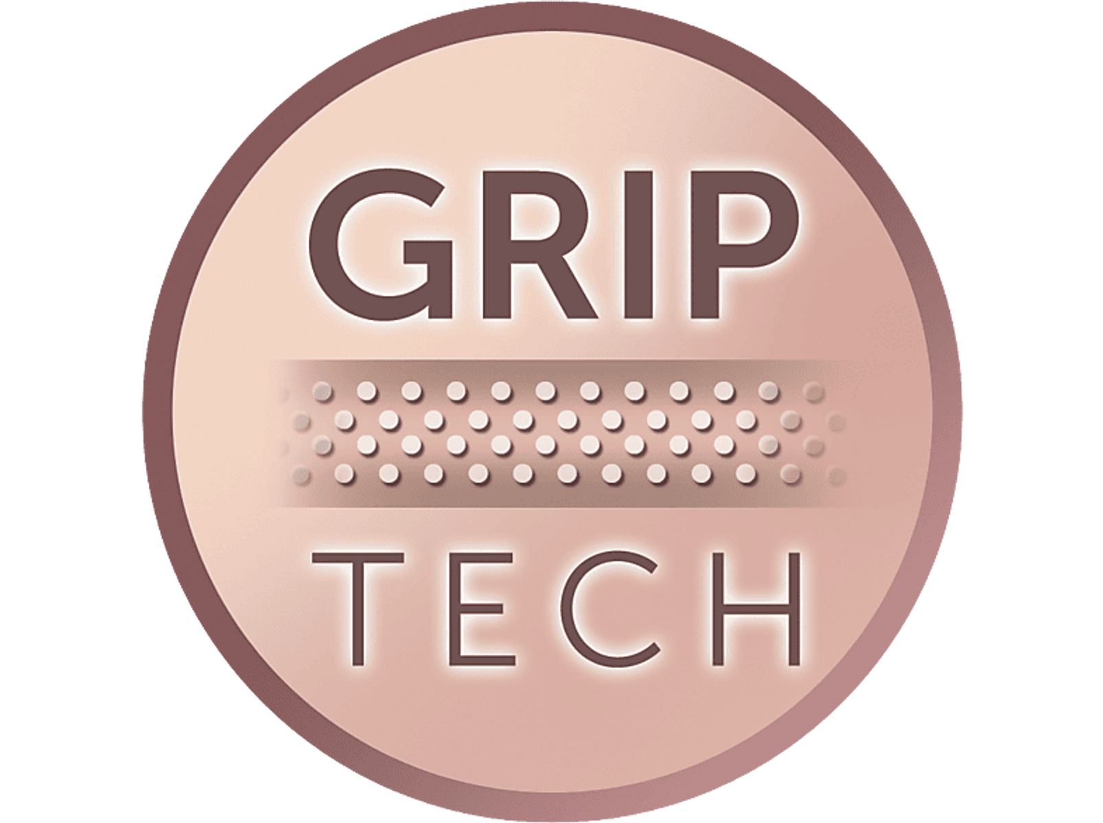 Zbliżenie okrągłego logo w kolorze różowego złota ze słowami GRIP TECH i przerywanymi liniami.