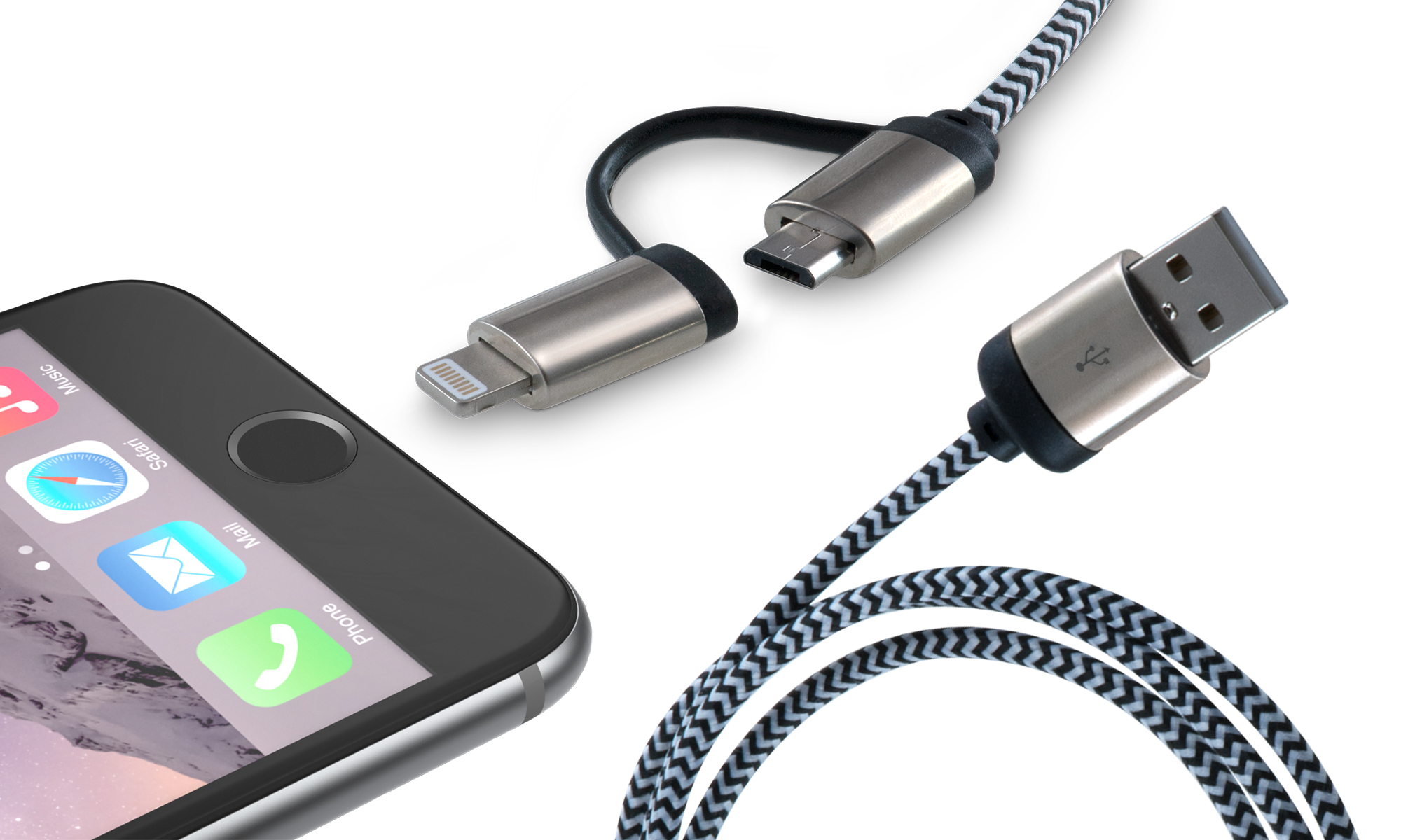 Un cavo di ricarica con connettori USB, Lightning e Micro-USB accanto a un telefono.