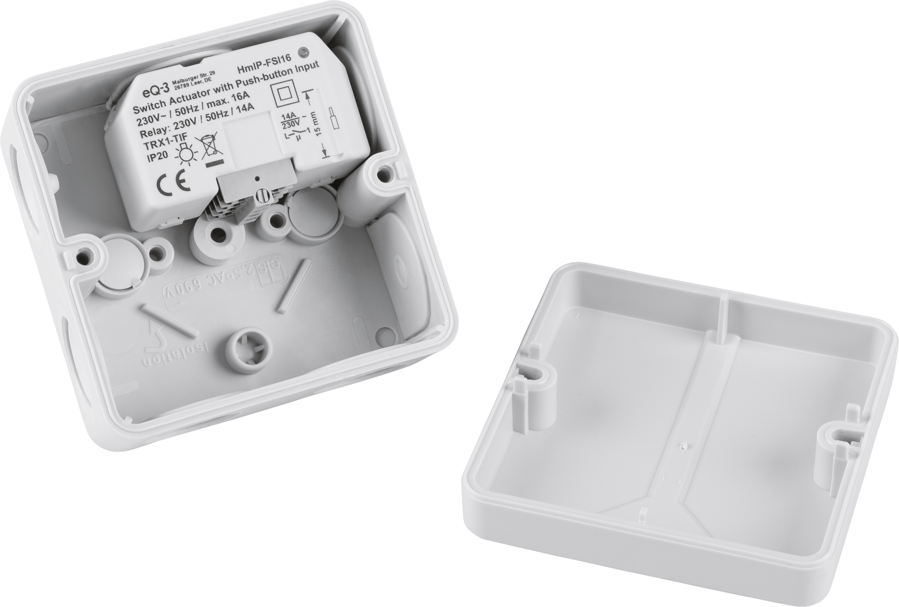 Weiße Elektrobox mit Schalteraktor im Inneren, neben dem Deckel.