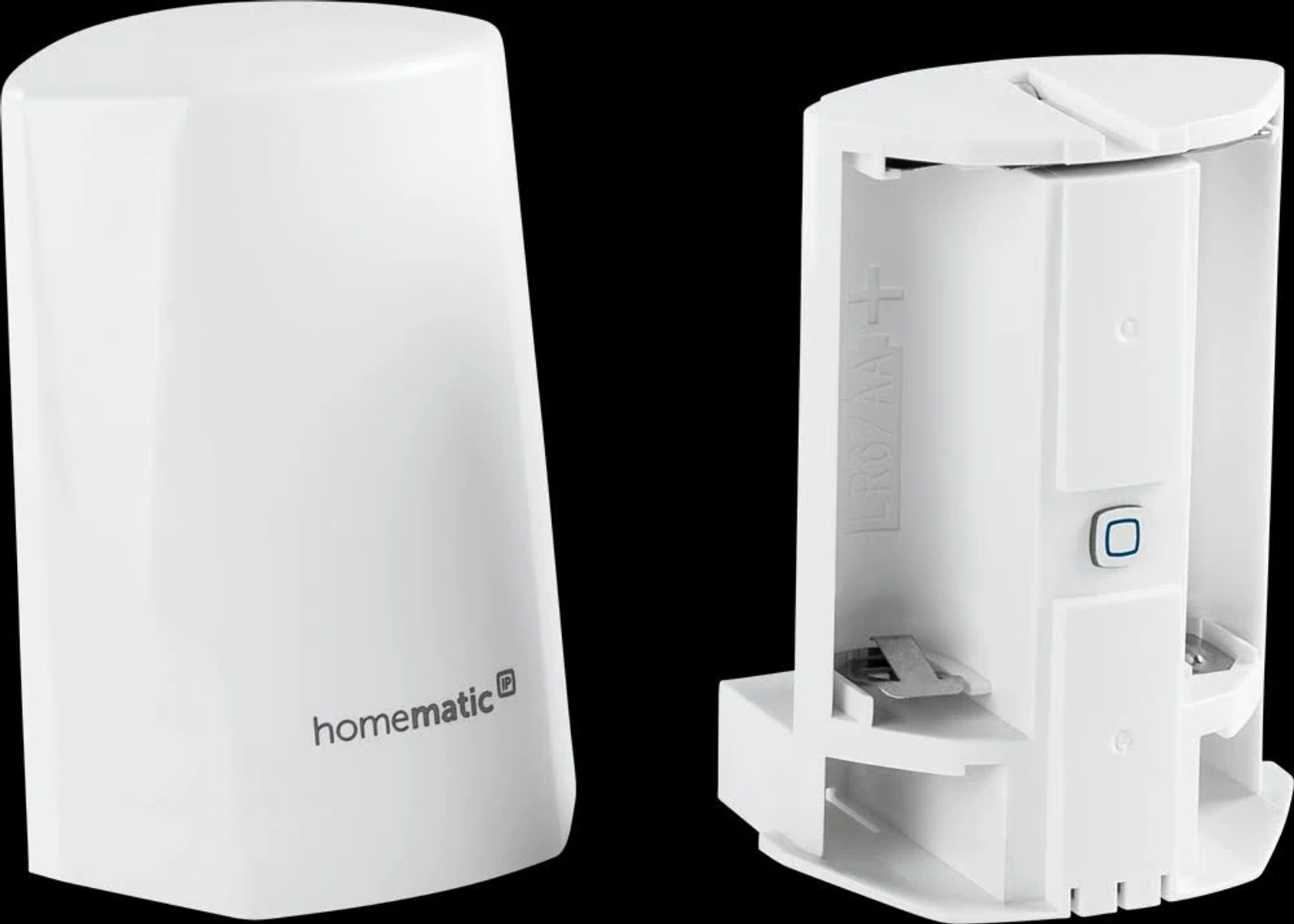 Zwei weiße Homematic-Sicherheitsgeräte. Eines geschlossen, das andere offen mit Batteriefach und Knopf.