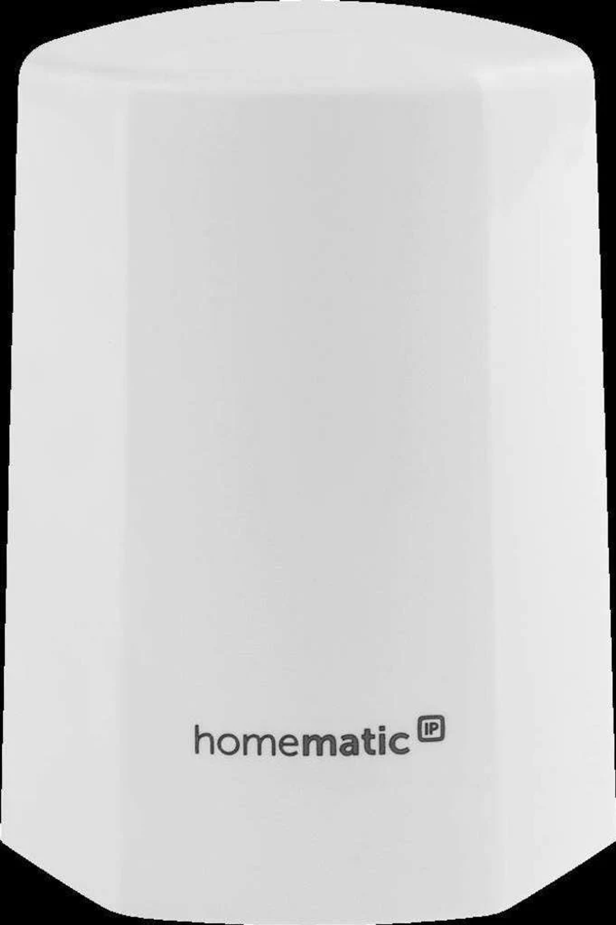 Ein weißes, zylindrisches Homematic IP-Gerät mit Markennamen am unteren Rand.