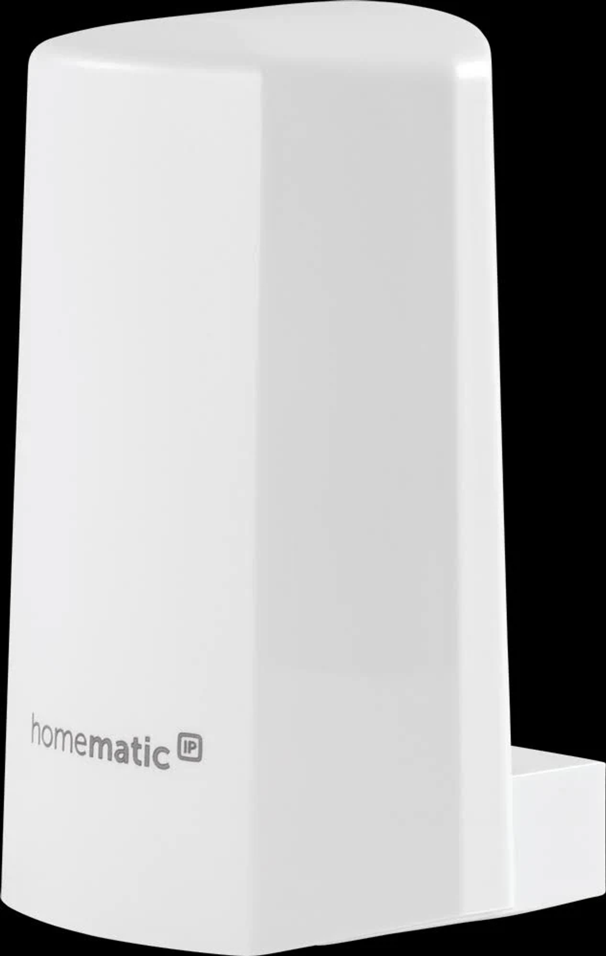 Ein weißes, rechteckiges Gerät mit dem Wort 'homematic' darauf. Schwarzer Hintergrund.