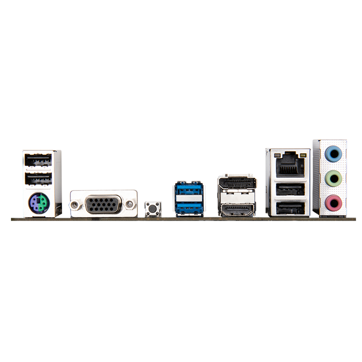 Panel tylny komputera z różnymi portami i złączami na czarnej powierzchni.