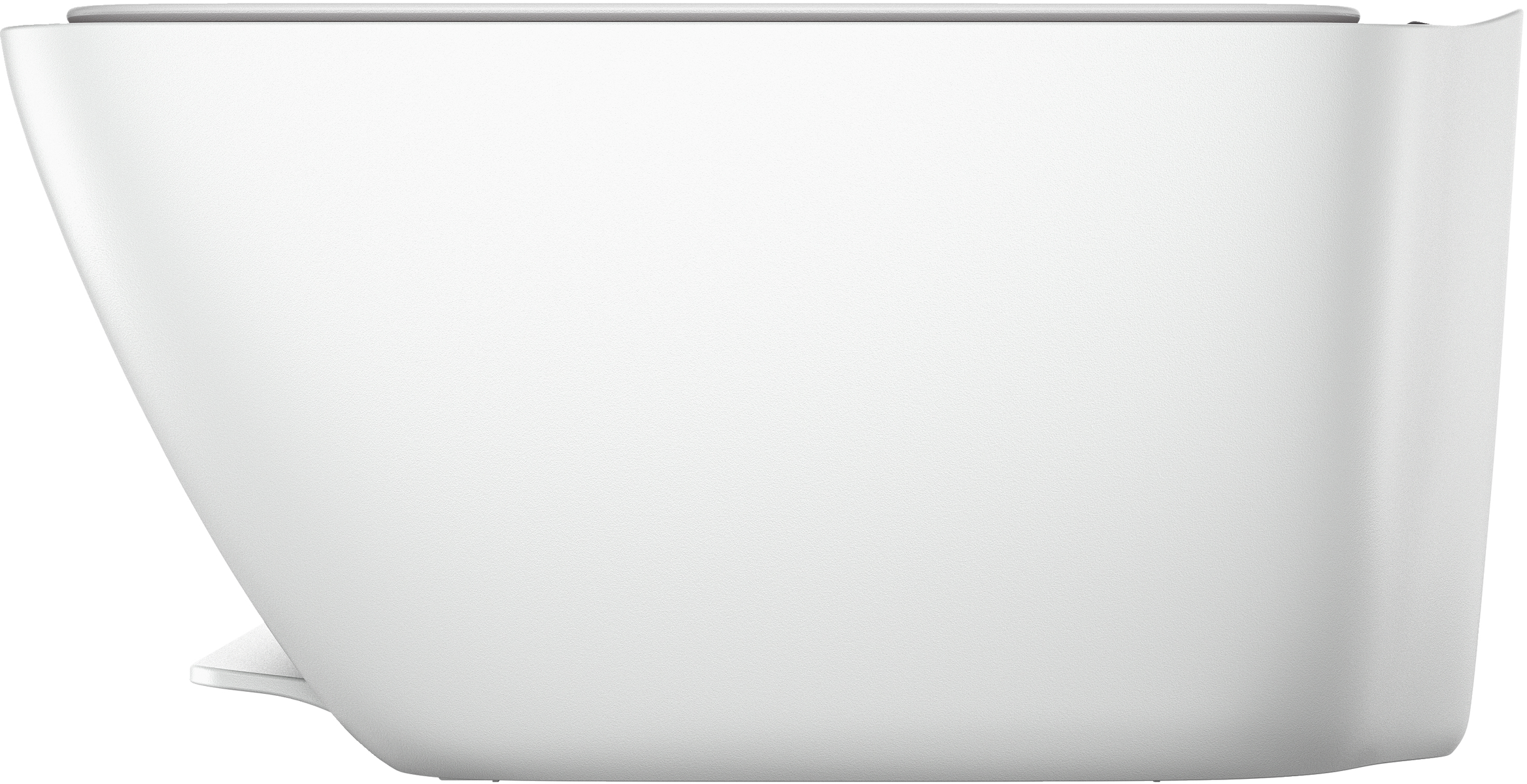 Widok z boku białej drukarki. Gładka biała powierzchnia, lekko pochylona konstrukcja, mała taca wyjściowa.