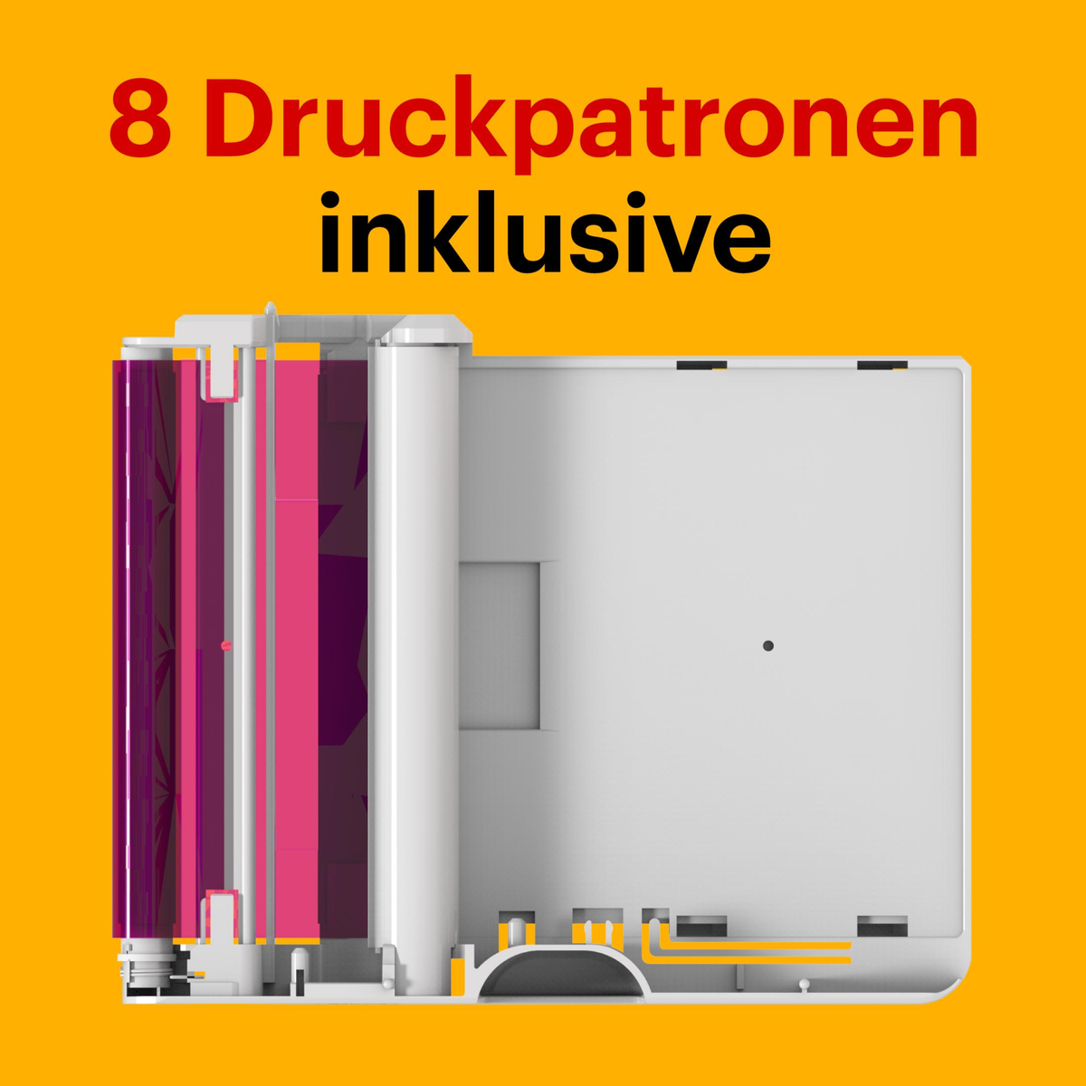 Tintenpatronen für einen Fotodrucker, Text: '8 Druckpatronen inklusive'.