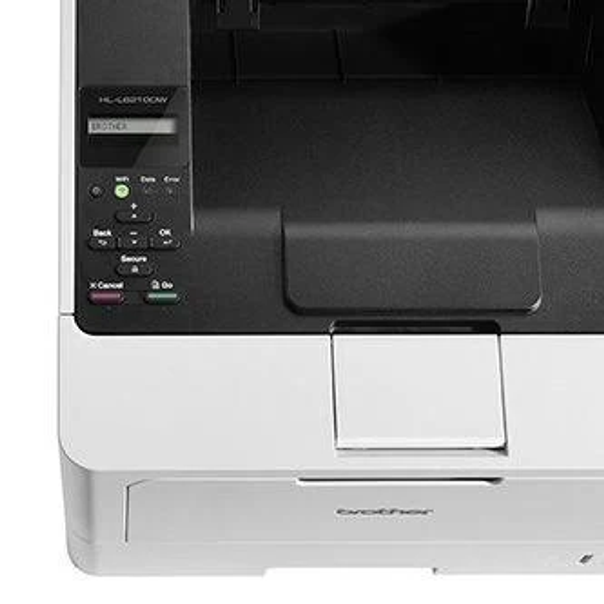 Zbliżenie białej i czarnej drukarki z panelem sterowania i podajnikiem papieru.