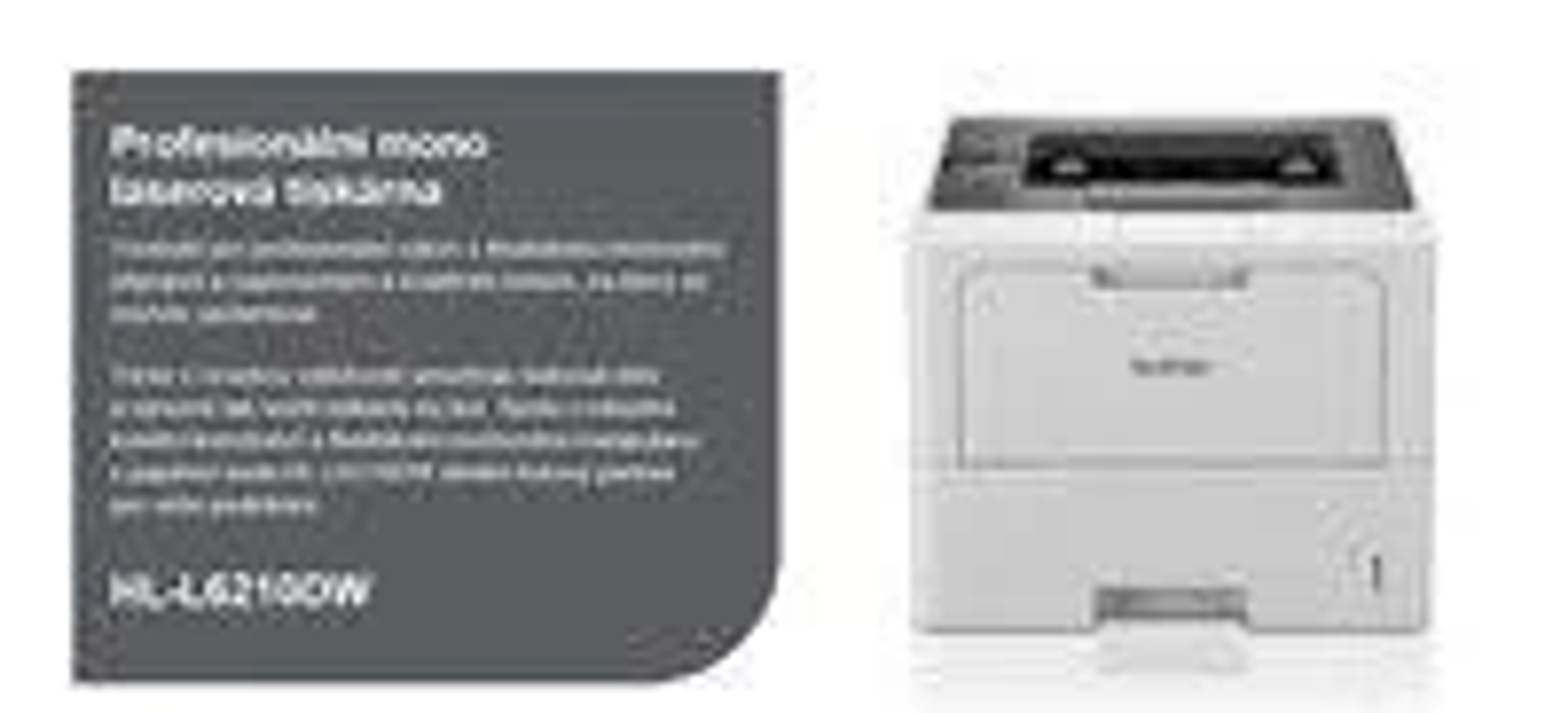 Drukarka laserowa Brother obok szarego panelu informacyjnego ze szczegółami na temat drukarki.