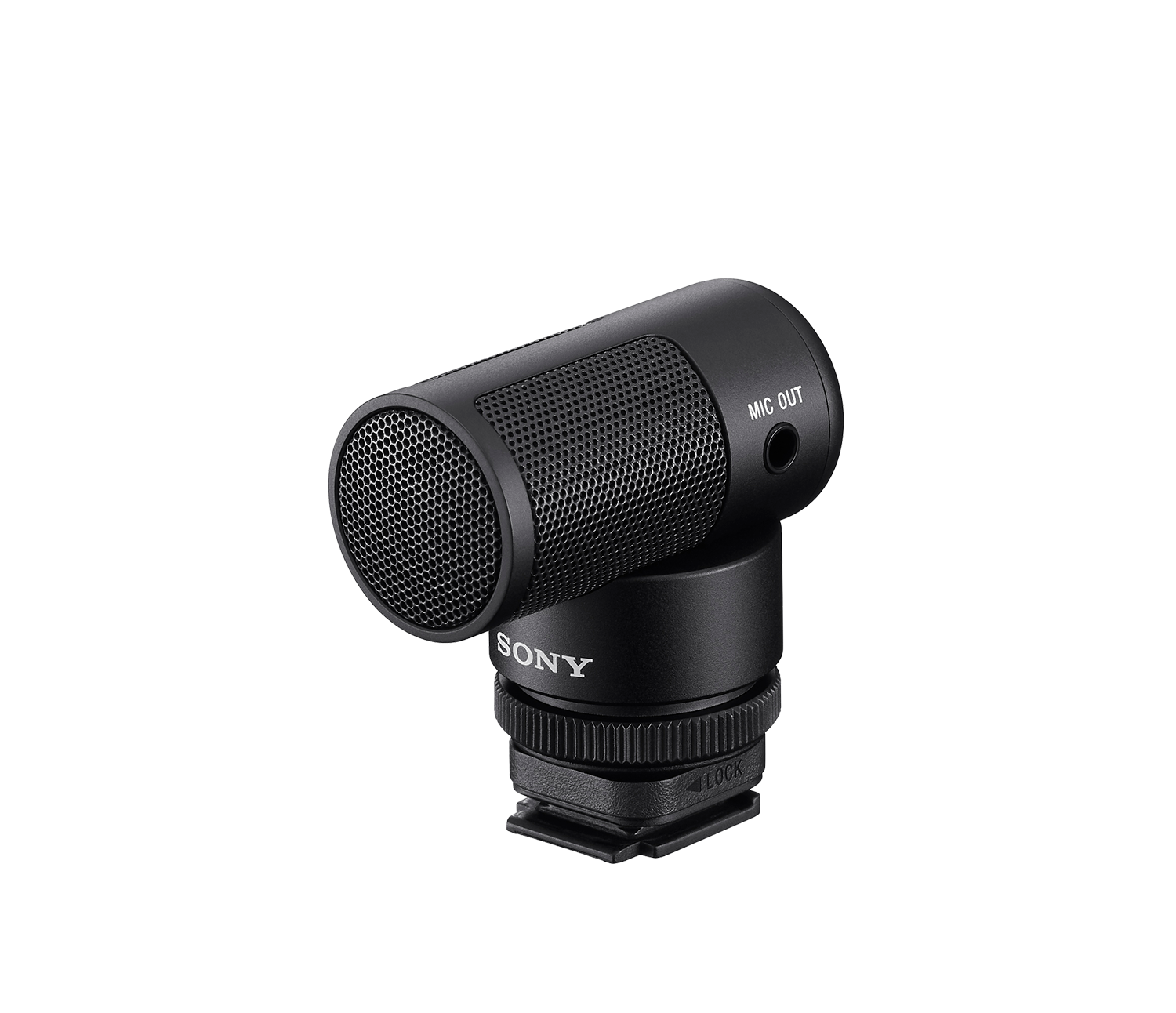 Ein schwarzes Sony-Mikrofon. Es ist zylindrisch mit einem Grill und einem Anschluss an der Unterseite.