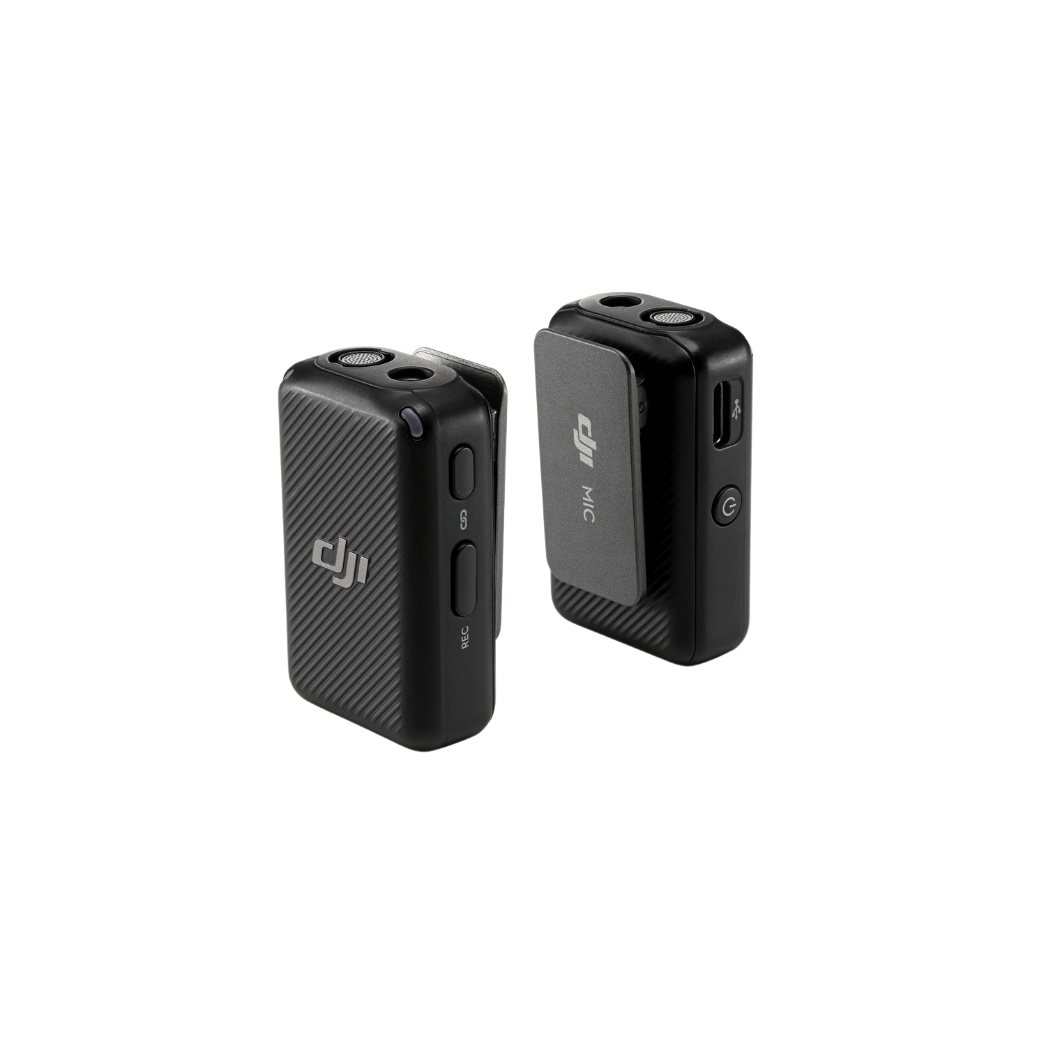 Dos micrófonos inalámbricos negros sobre fondo negro. El logotipo de DJI MIC es visible.