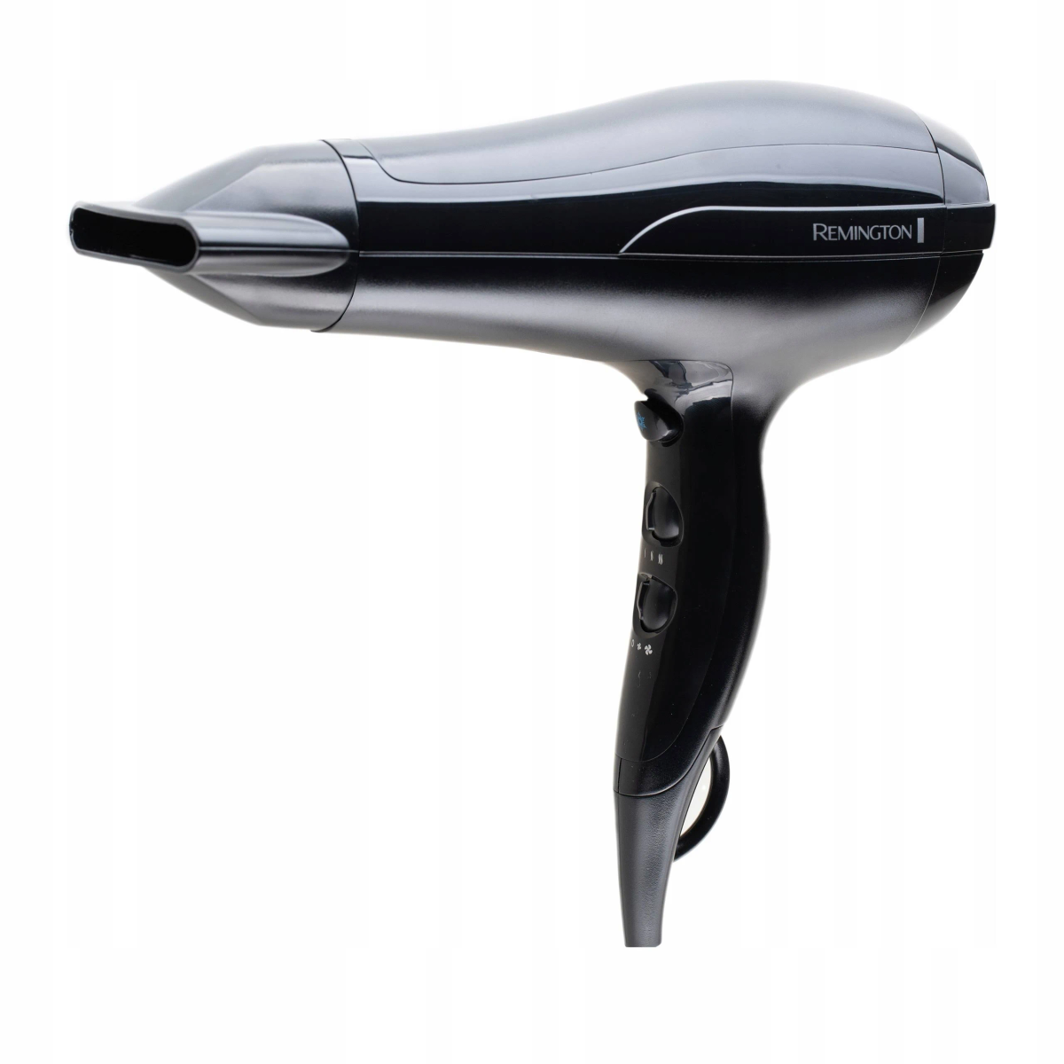 Czarna suszarka do włosów Remington, umieszczona na białej powierzchni, o zakrzywionym kształcie.