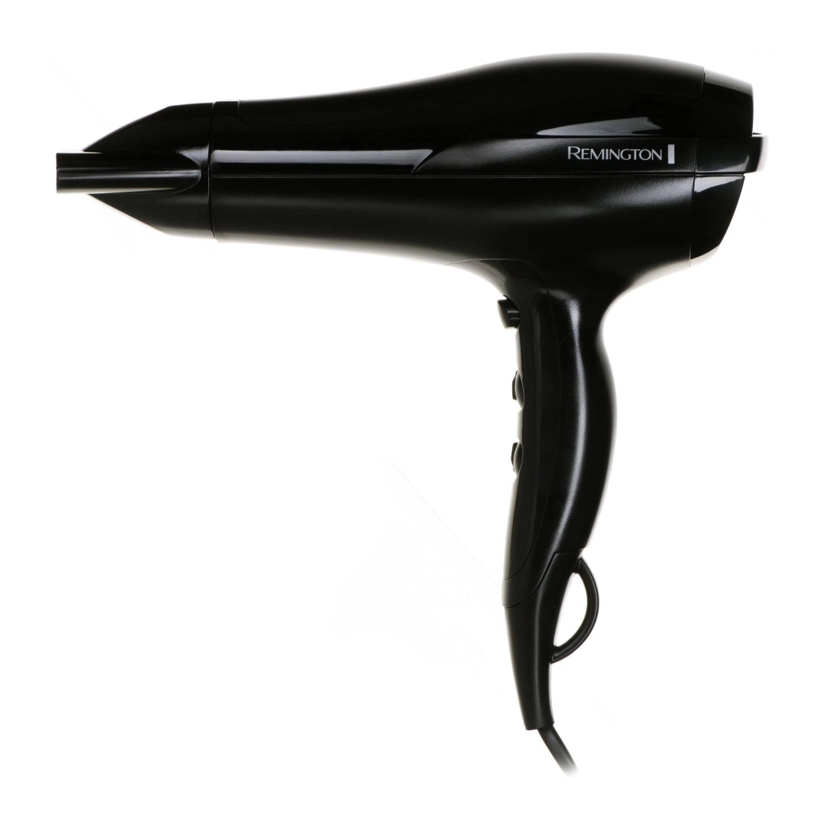 Czarna suszarka do włosów Remington, widok z boku, na białym tle.