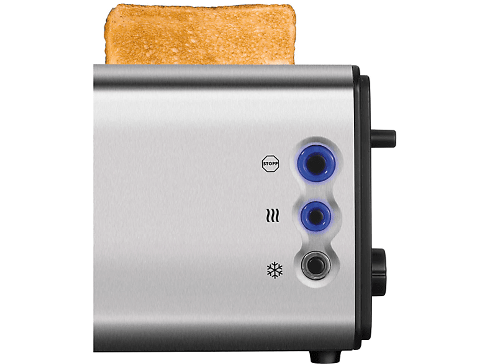 Toster z kromką tostowego chleba. Obudowa ze stali nierdzewnej, niebieskie przyciski. Czarne tło.