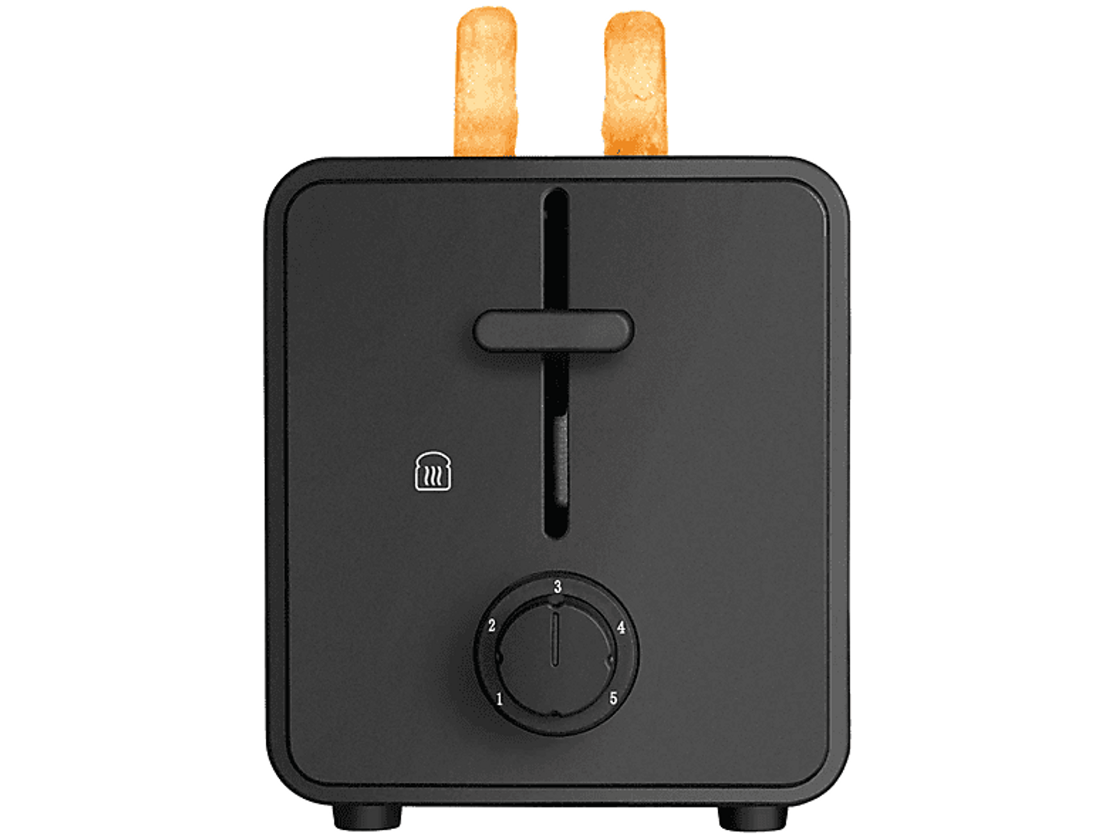 Czarny toster z dwoma wystającymi kromkami tostów.