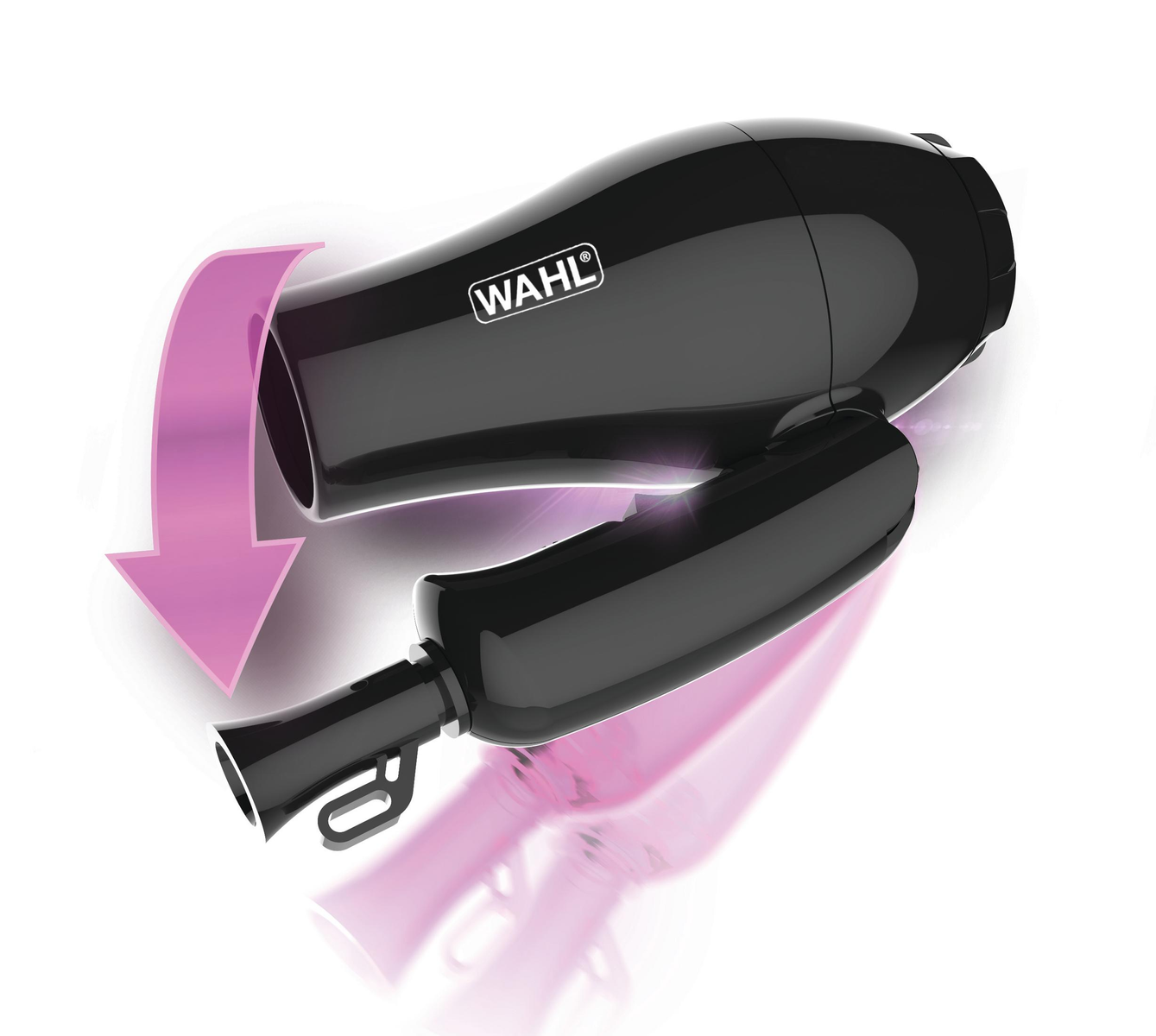 Czarna suszarka do włosów z logo 'WAHL', ze strzałką wskazującą kierunek przepływu powietrza.