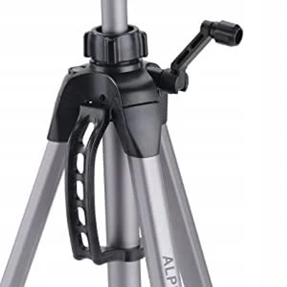 Statyw z czarnym uchwytem i elementami łączącymi oraz srebrnymi nogami.