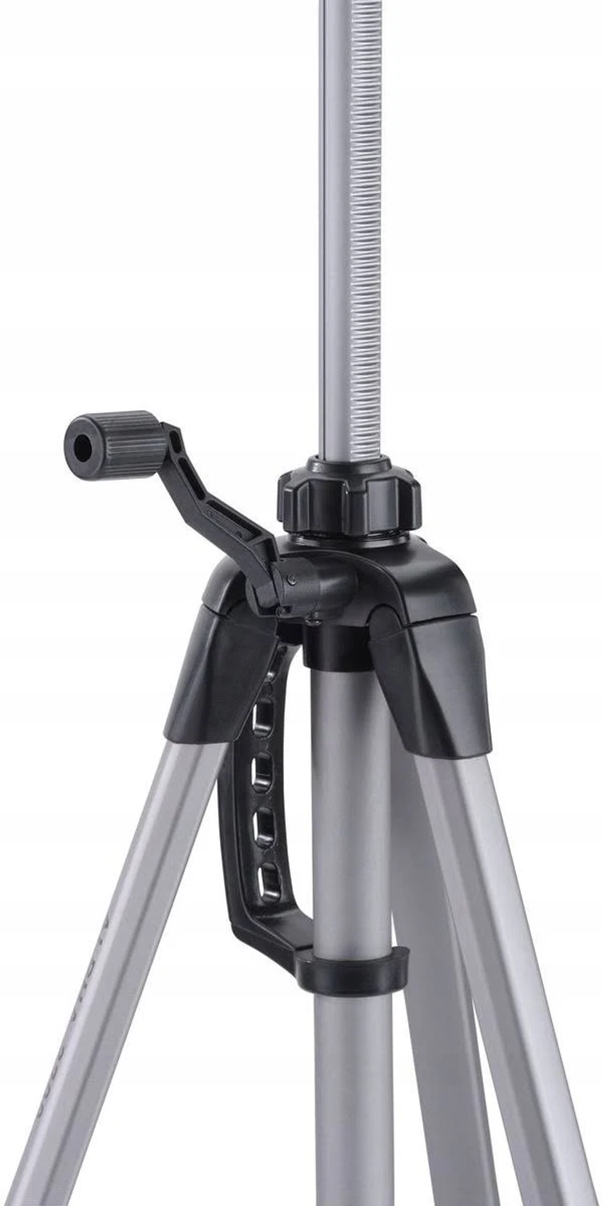 Zbliżenie szarego i czarnego statywu. Nogi są rozłożone. Białe tło.
