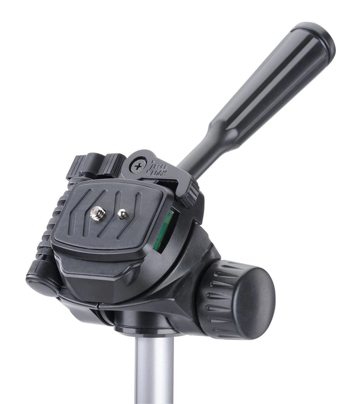 Czarna i szara głowica statywu na białym tle.