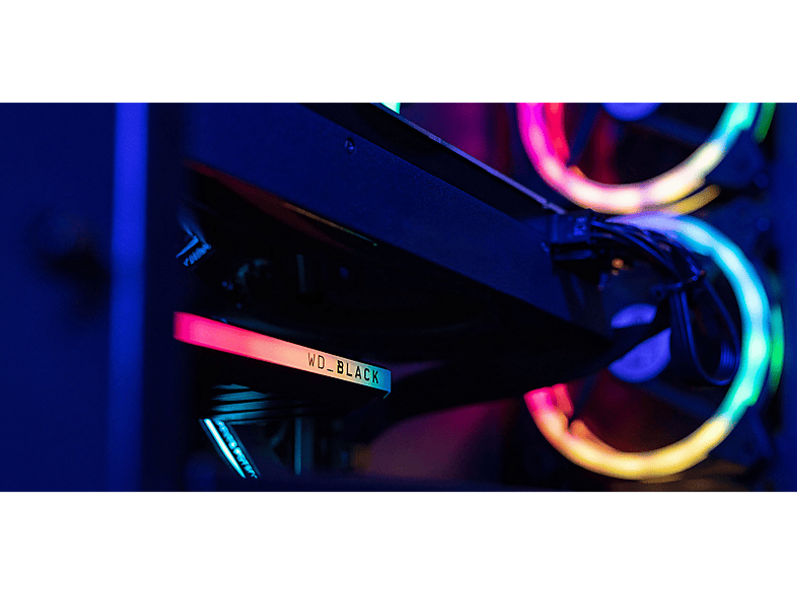 In einem Computer, eine WD_BLACK SSD mit Regenbogenbeleuchtung, RGB-Lüfter im Hintergrund.