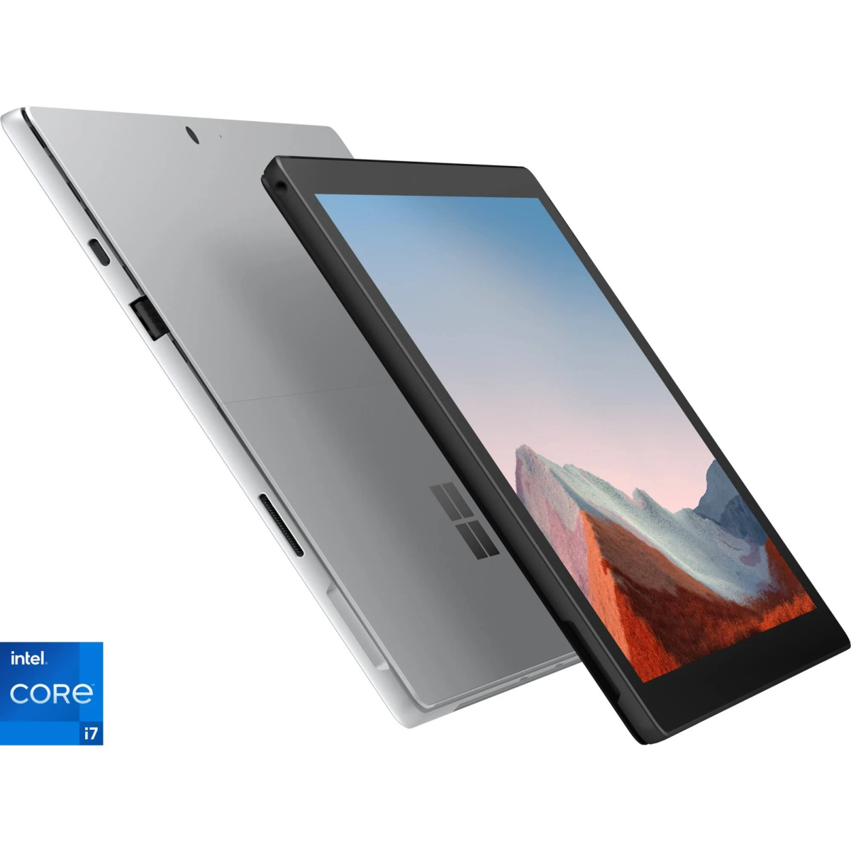 Zwei silberne Tablets, eines mit schwarzem Bildschirm mit Landschaft und Microsoft-Logo.