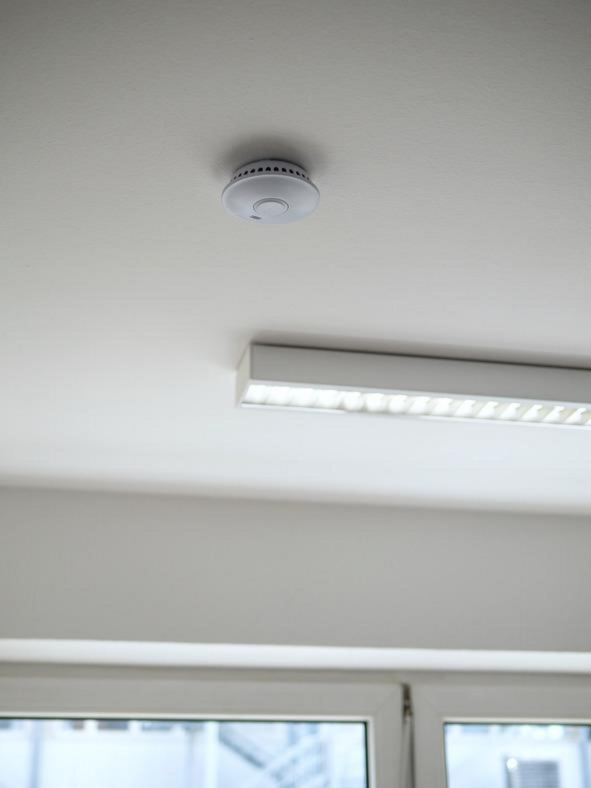 Un techo blanco con un detector de humo y una luminaria rectangular.
