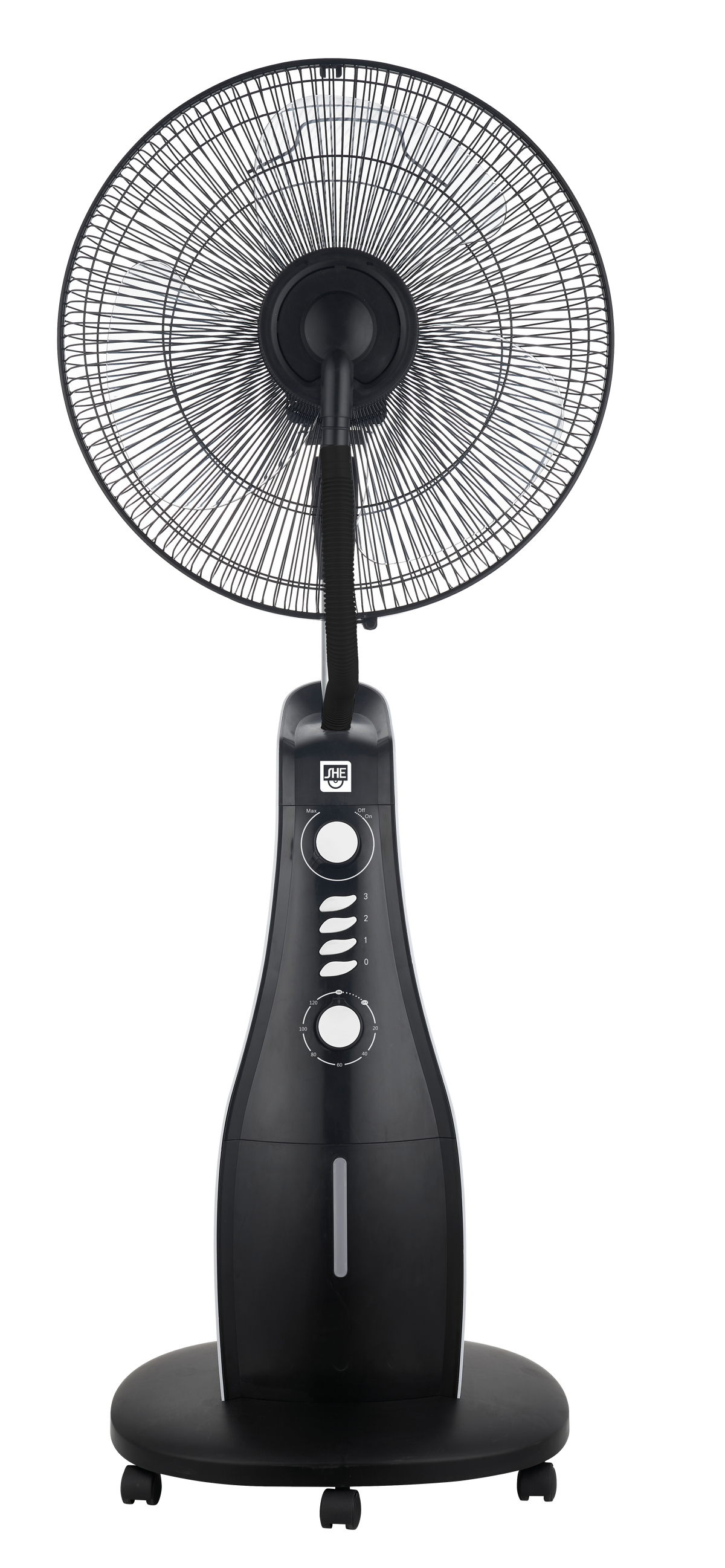 Ein schwarzer Standventilator auf schwarzem Hintergrund. Es ist ein moderner Ventilator.