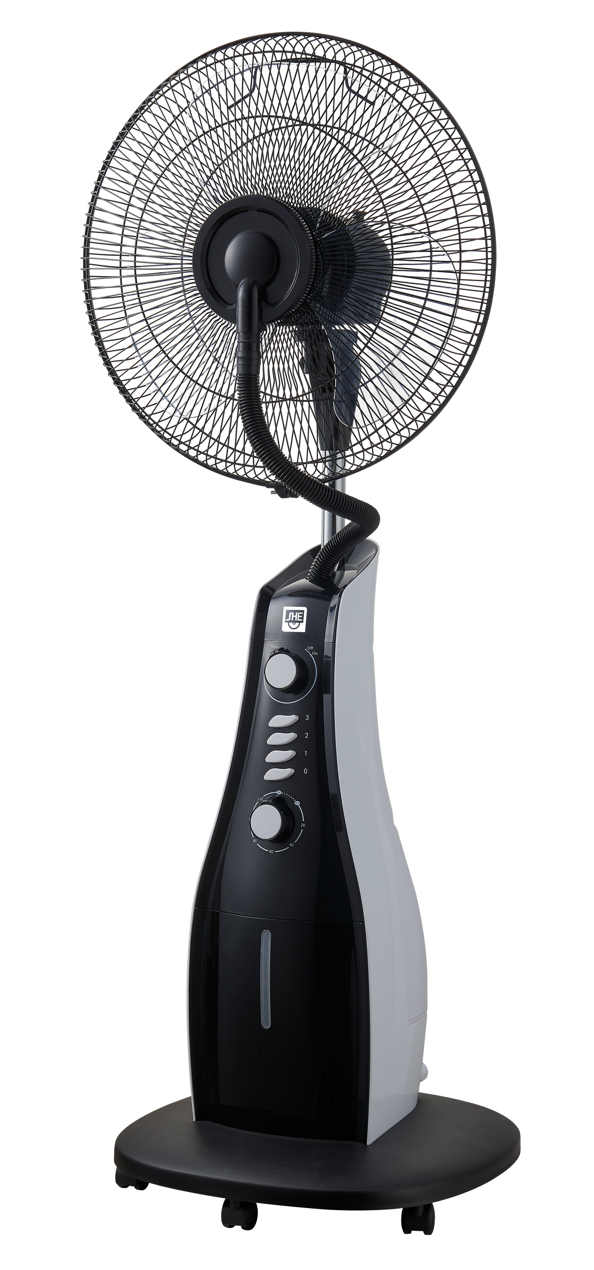 Schwarzer und grauer Standventilator mit oszillierendem Kopf, auf Schwarz.