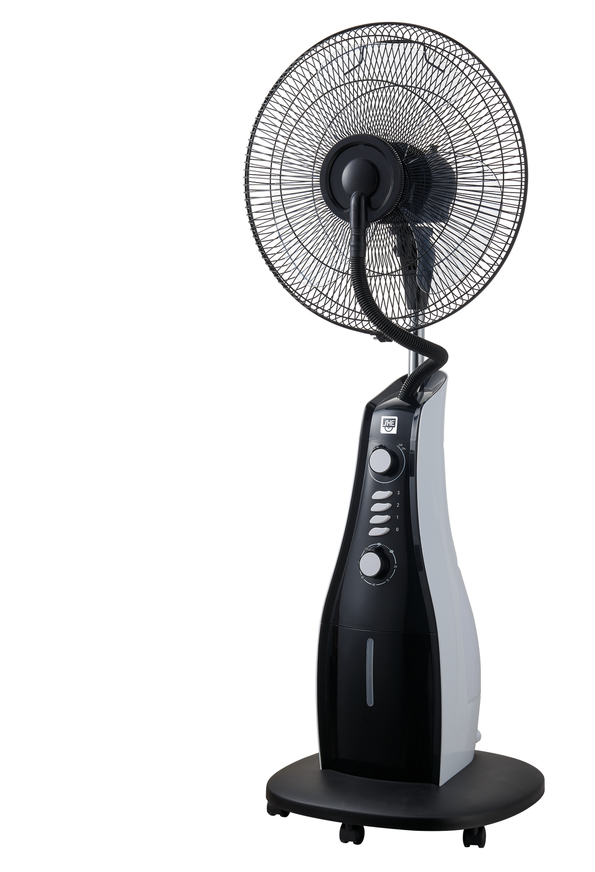 Schwarz-grauer Vernebler. Der Ventilator steht auf schwarzem Grund, vor schwarzem Hintergrund.