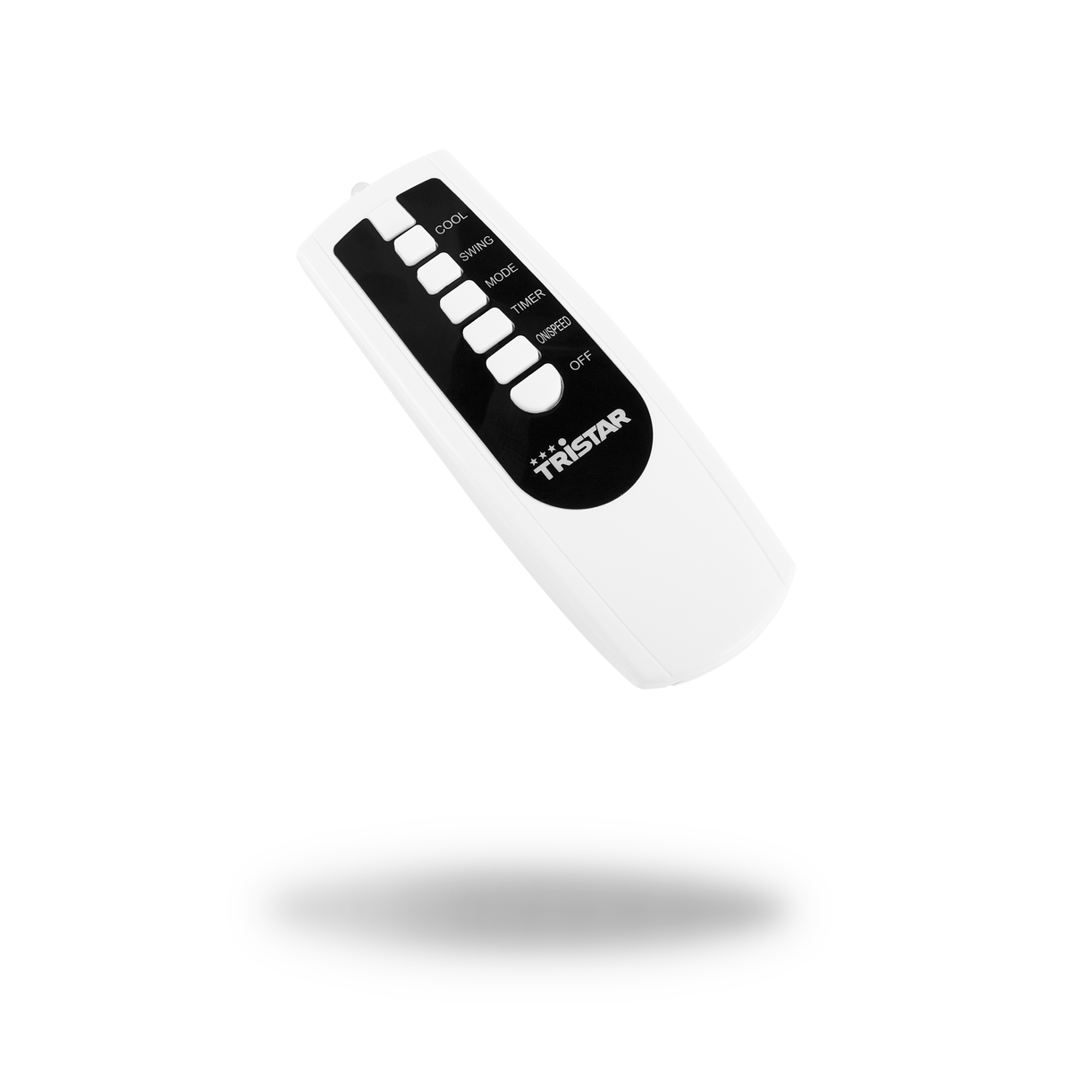 Telecomando bianco per un elettrodomestico. Pulsanti per raffreddamento, oscillazione, modalità, timer, velocità e off.