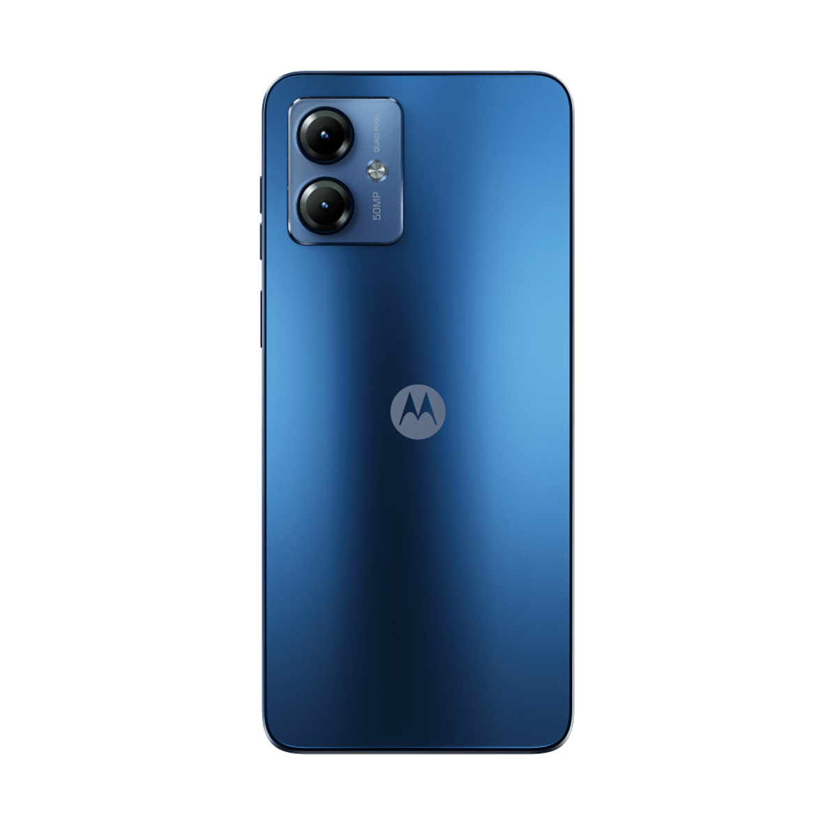 Niebieski telefon Motorola. Dwa obiektywy aparatu u góry, centralnie logo Motorola. Powierzchnia tylna błyszcząca.