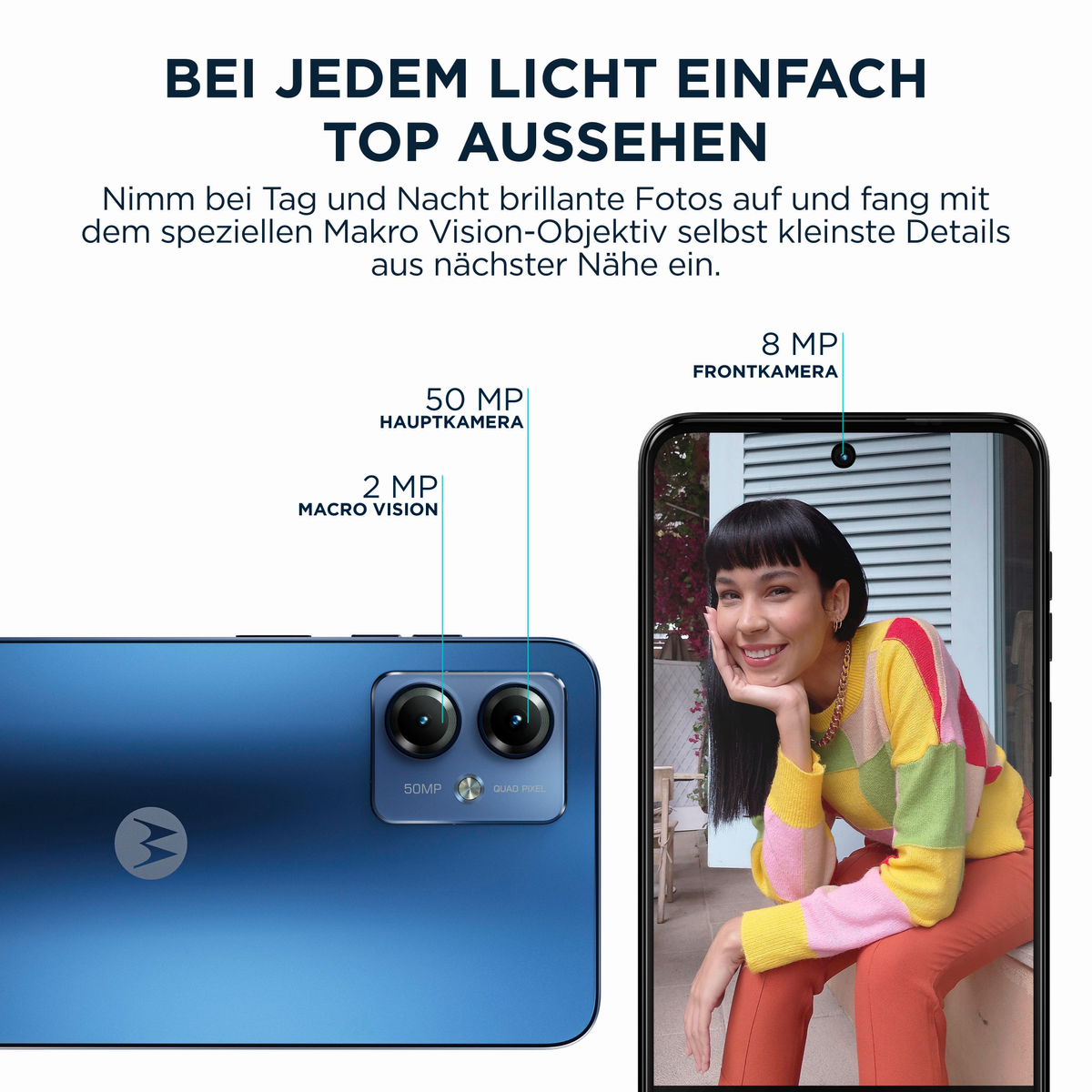 Niebieski smartfon z selfie kobiety na ekranie. Widoczny tekst i specyfikacje aparatu.