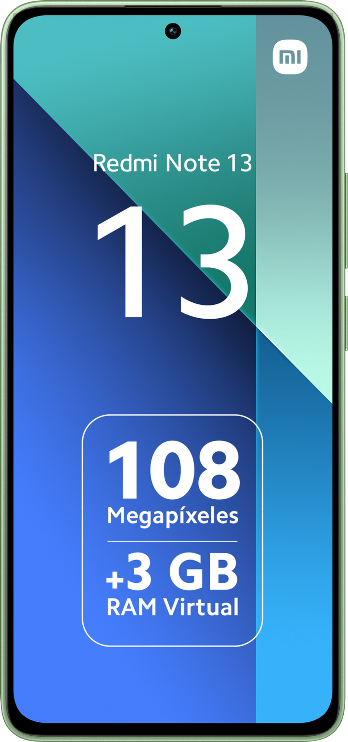 Zielony telefon z dużym ekranem wyświetlającym 'Redmi Note 13'.