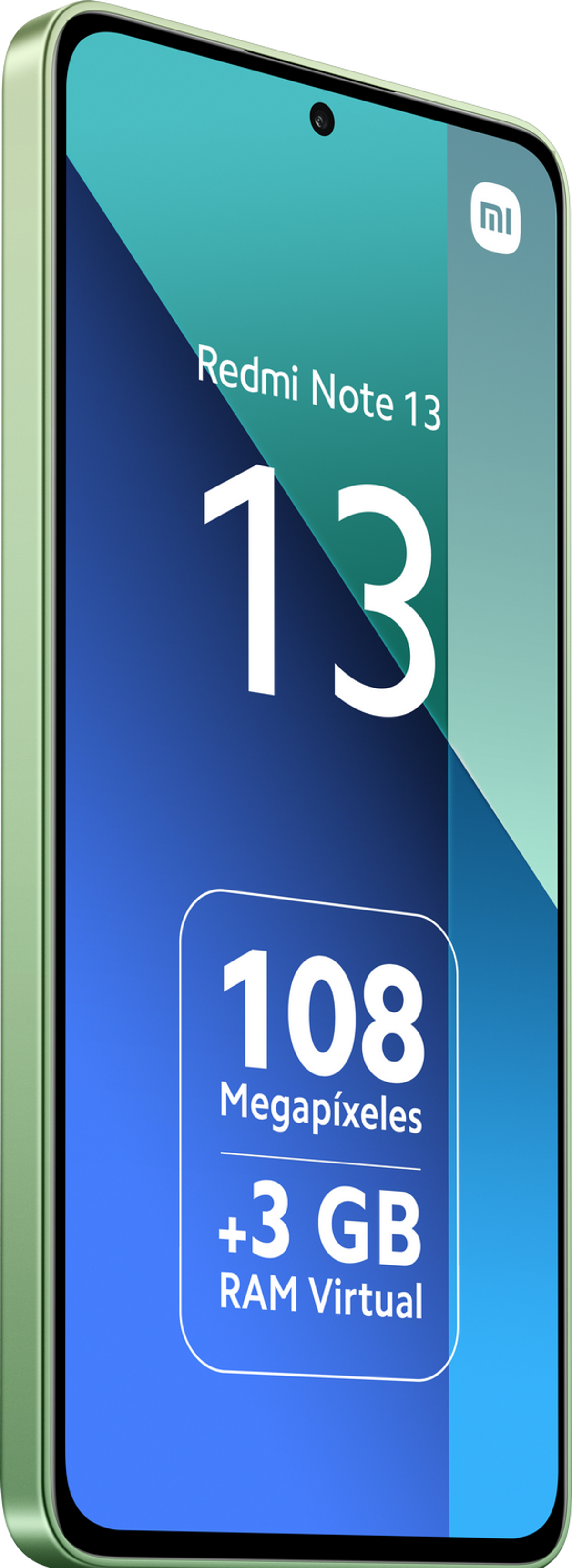 Zielony smartfon z napisem 'Redmi Note 13'. Funkcje obejmują 108MP i 3GB RAM.
