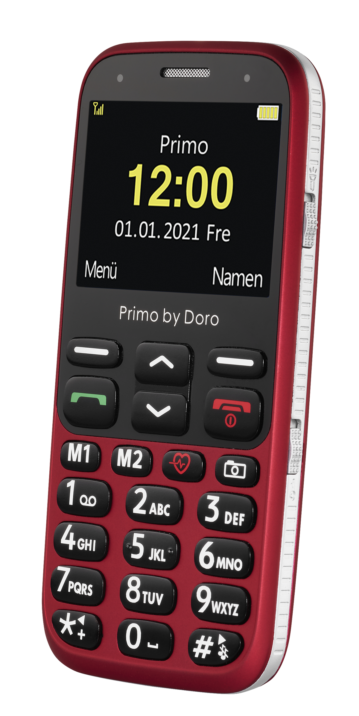 Czerwony telefon komórkowy Doro Primo. Wyświetla godzinę 12:00 na ekranie.