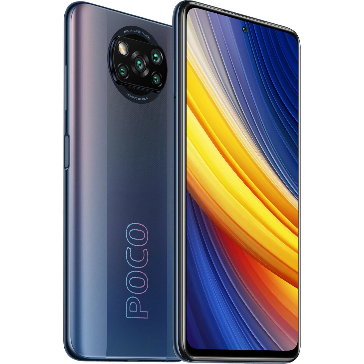 Blaues und Farbverlaufs-Smartphone mit mehreren Kameras. POCO-Markenlogo sichtbar.